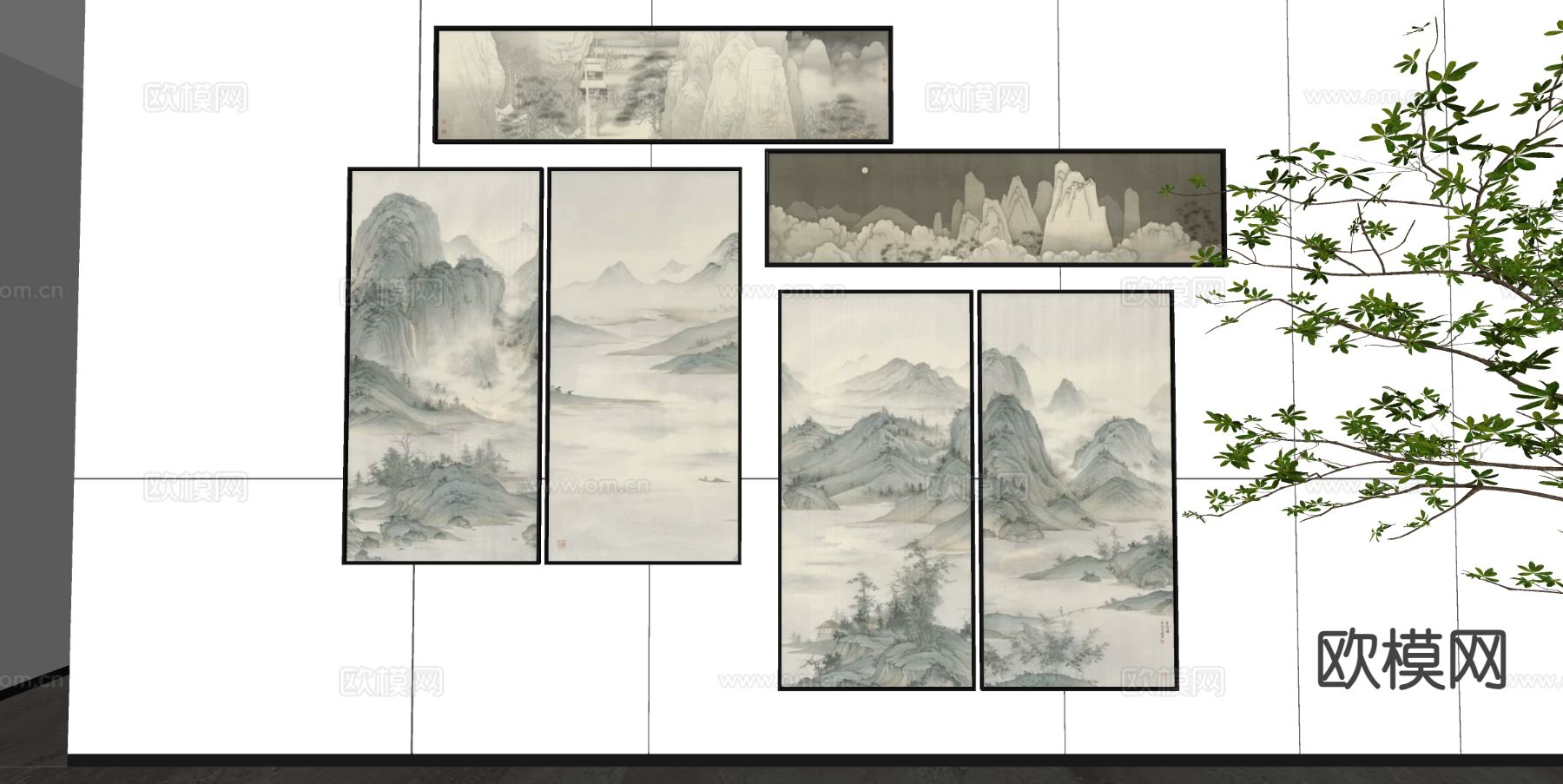 新中式装饰挂画su模型下载（渲染图1）