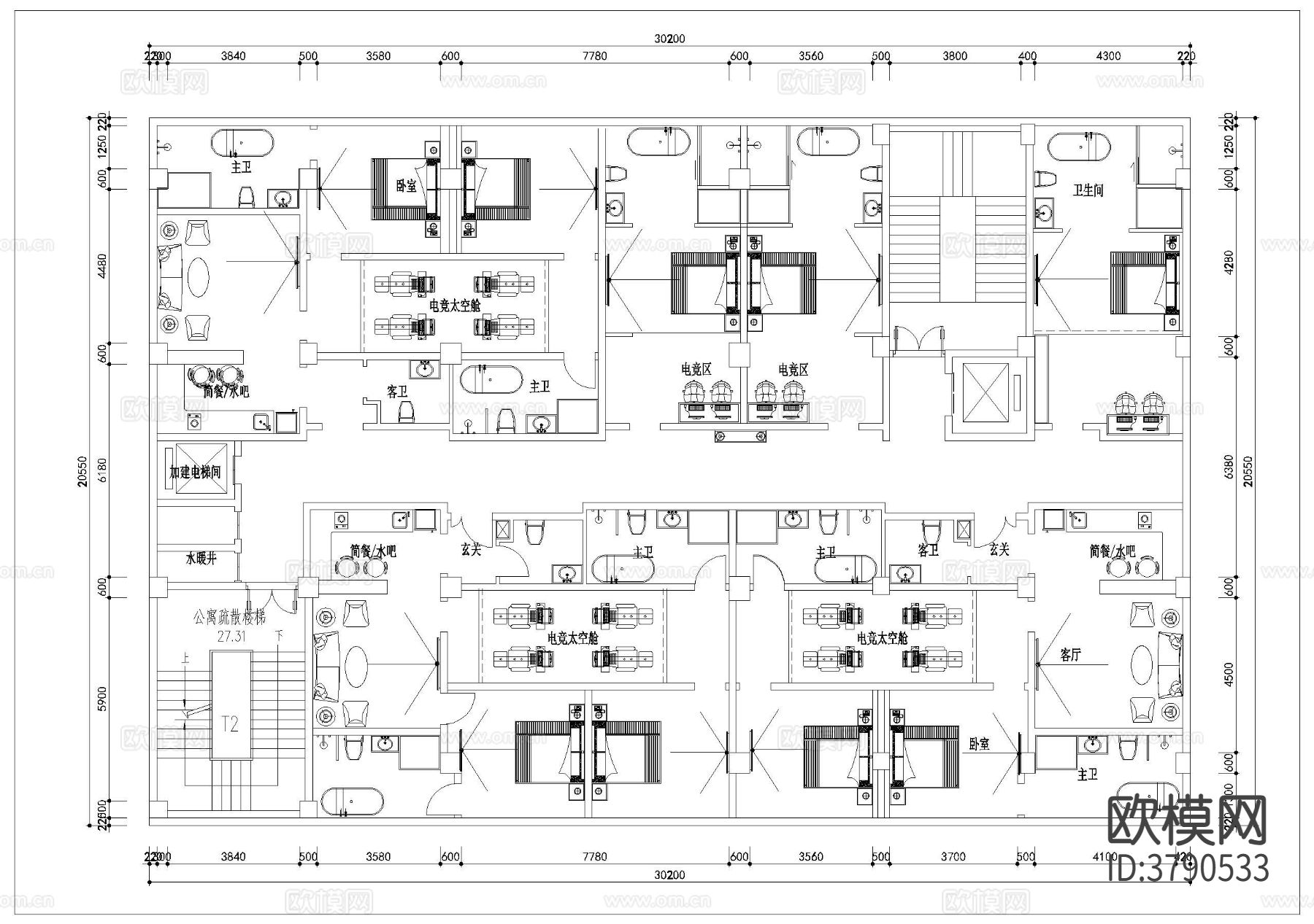 电竞酒店CAD平面图下载（渲染图5）