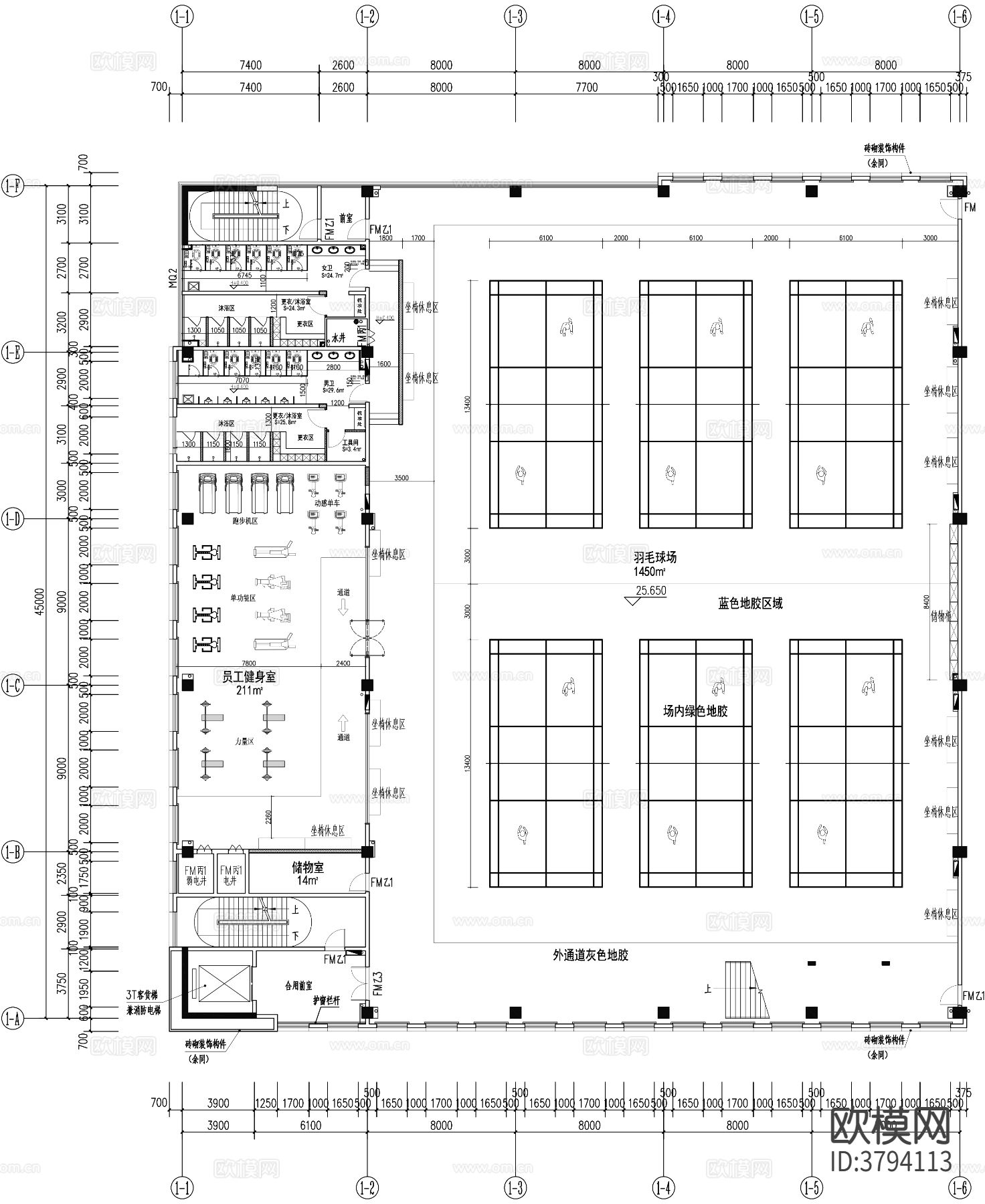 羽毛球场健身房CAD施工图