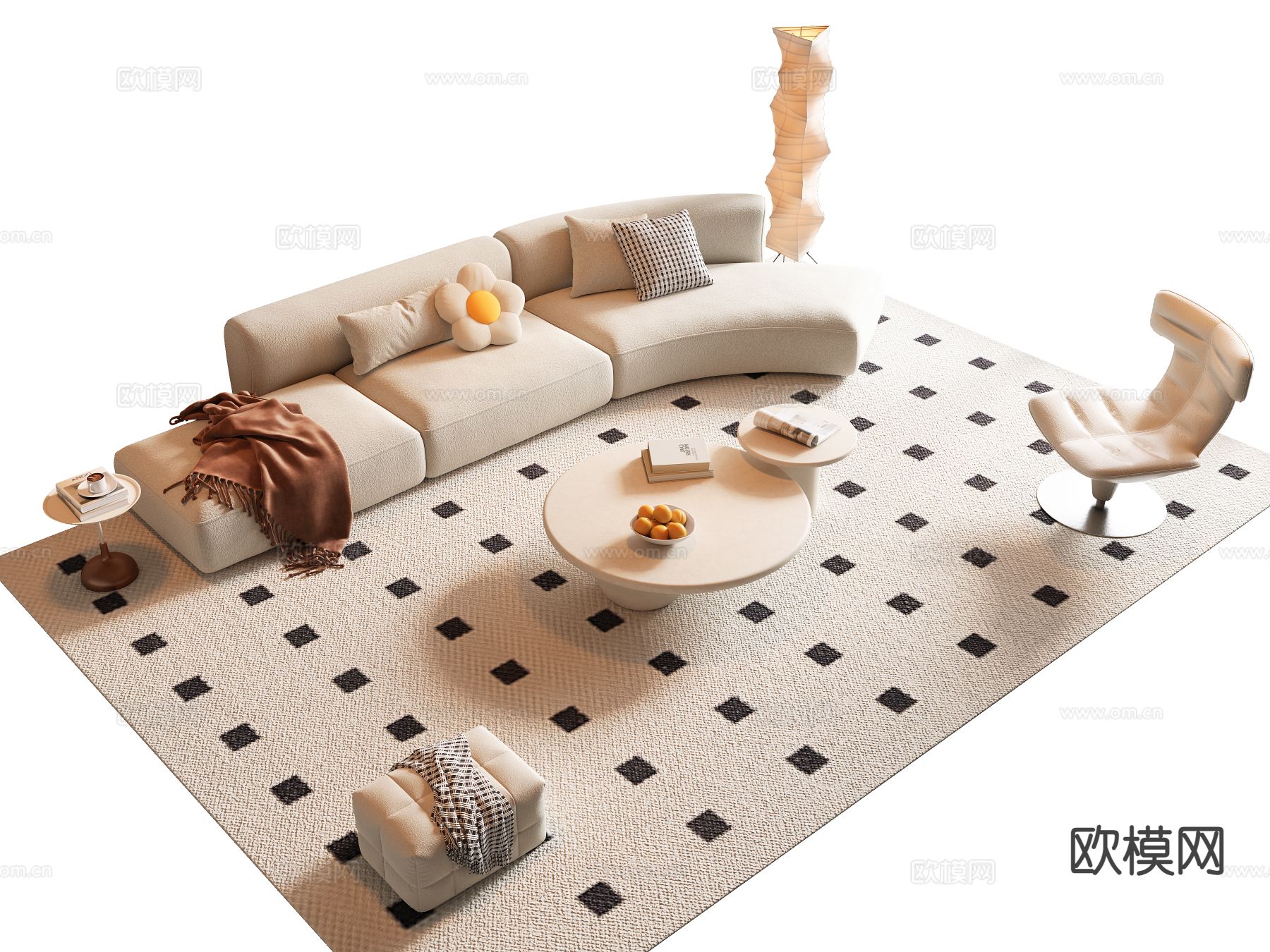 奶油风组合沙发su模型下载（渲染图2）