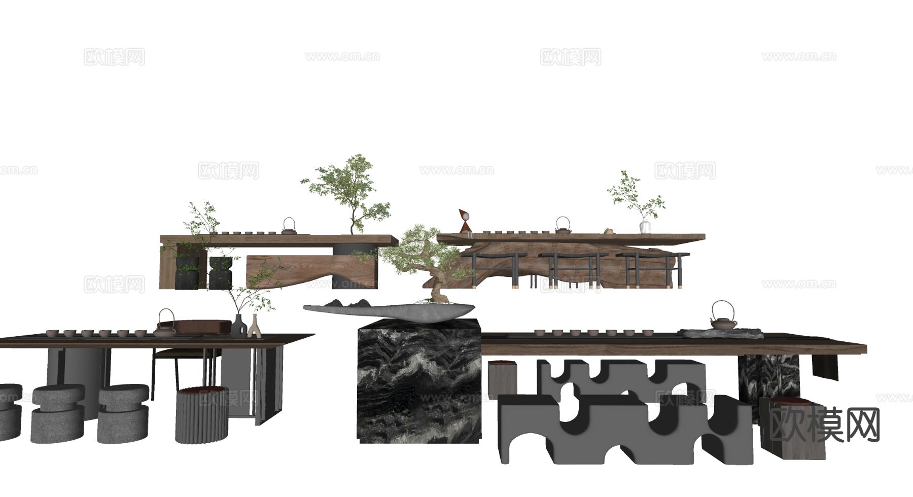 新中式茶桌 茶台su模型