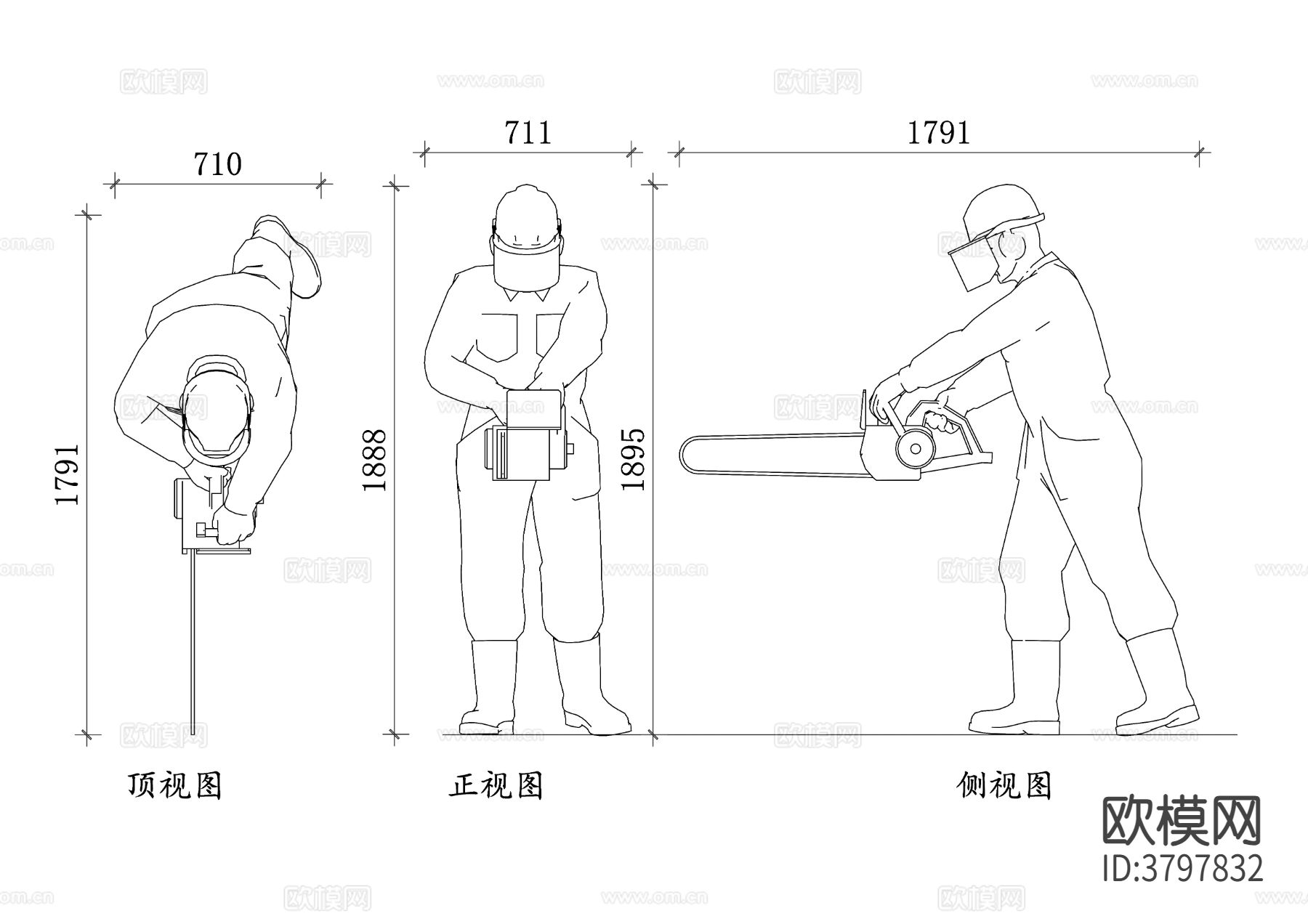 电锯工人平面图 电锯使用图 工人安全图 电锯操作图 工作现场cad大样图