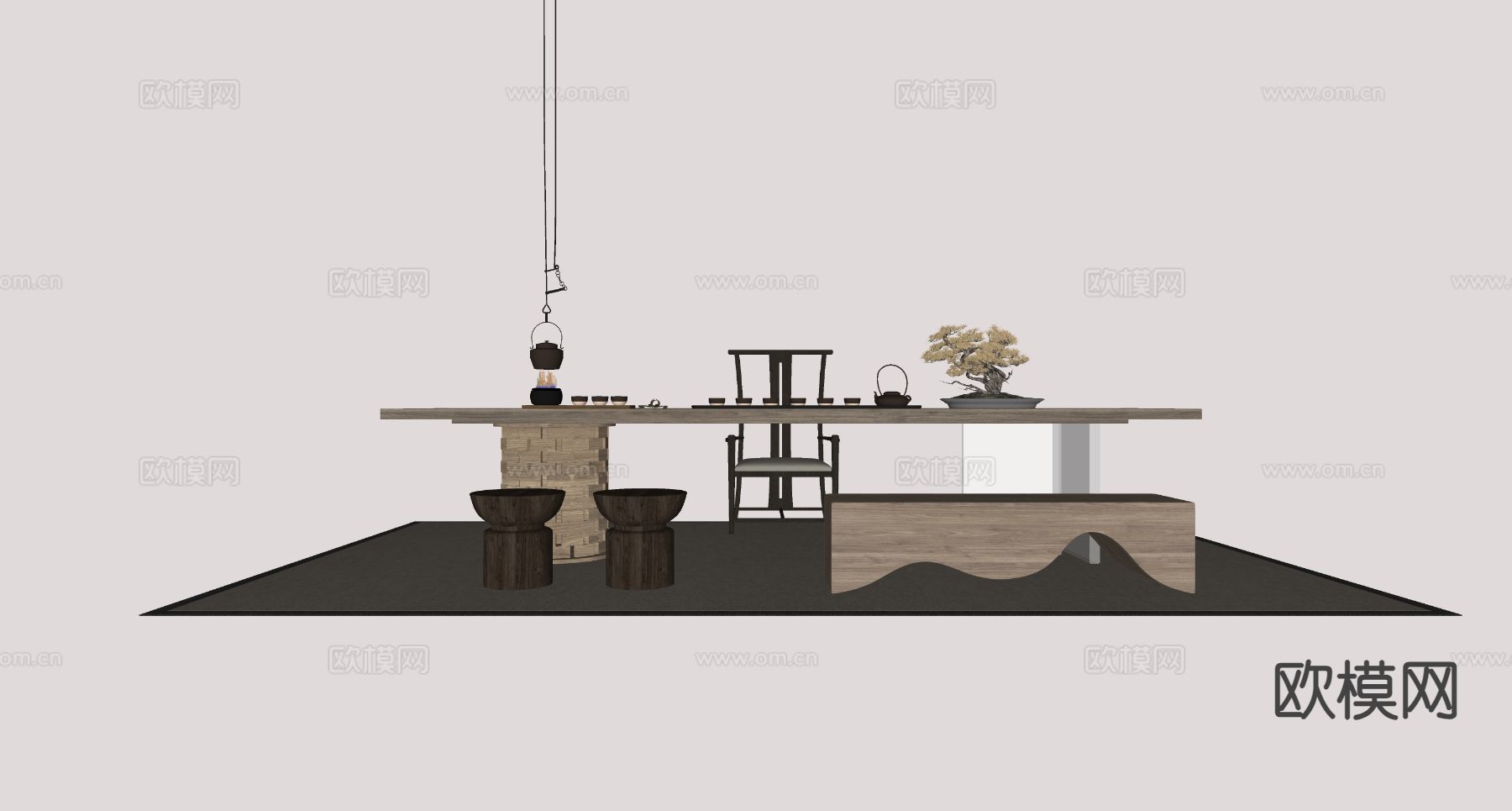 新中式茶桌 茶台su模型