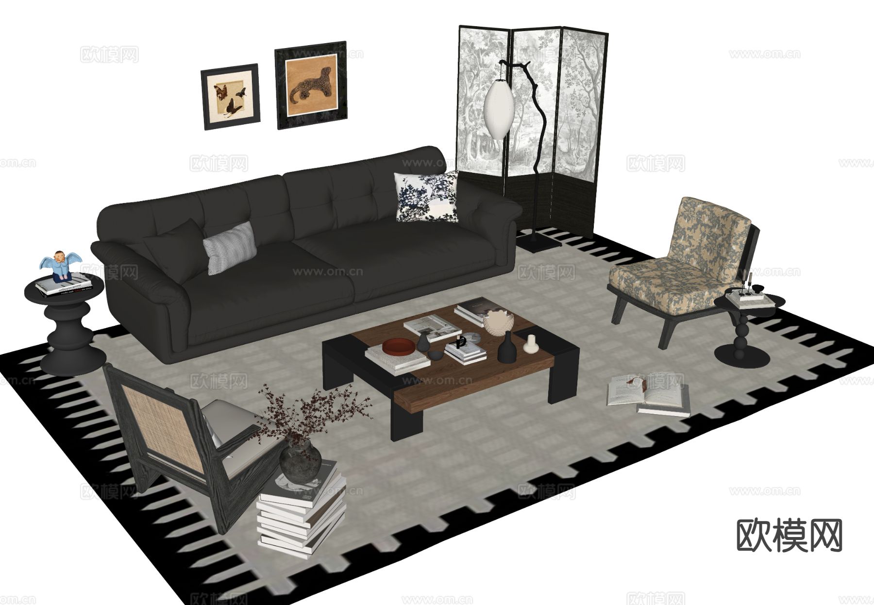 中古风组合沙发su模型下载（渲染图1）