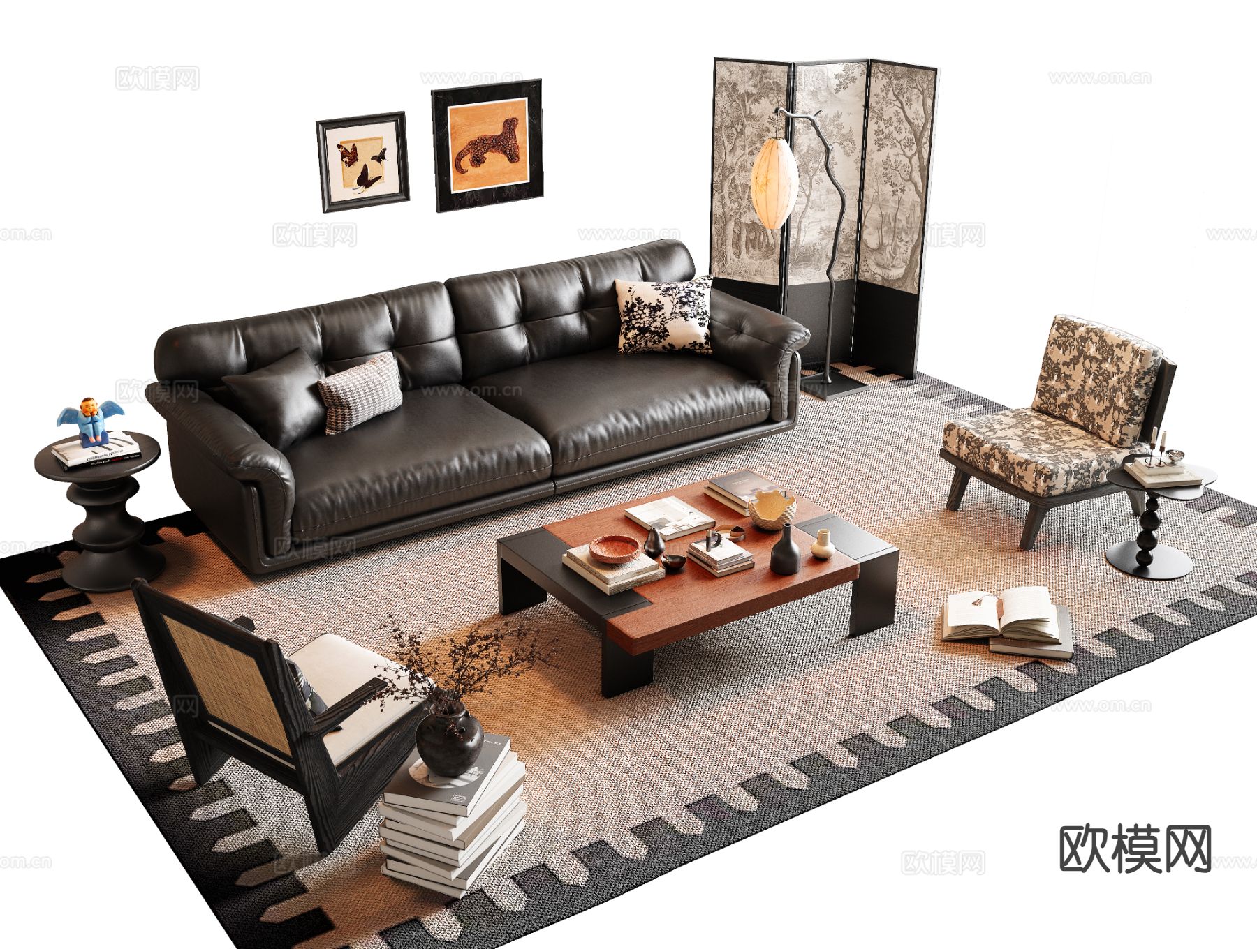 中古风组合沙发su模型下载（渲染图2）