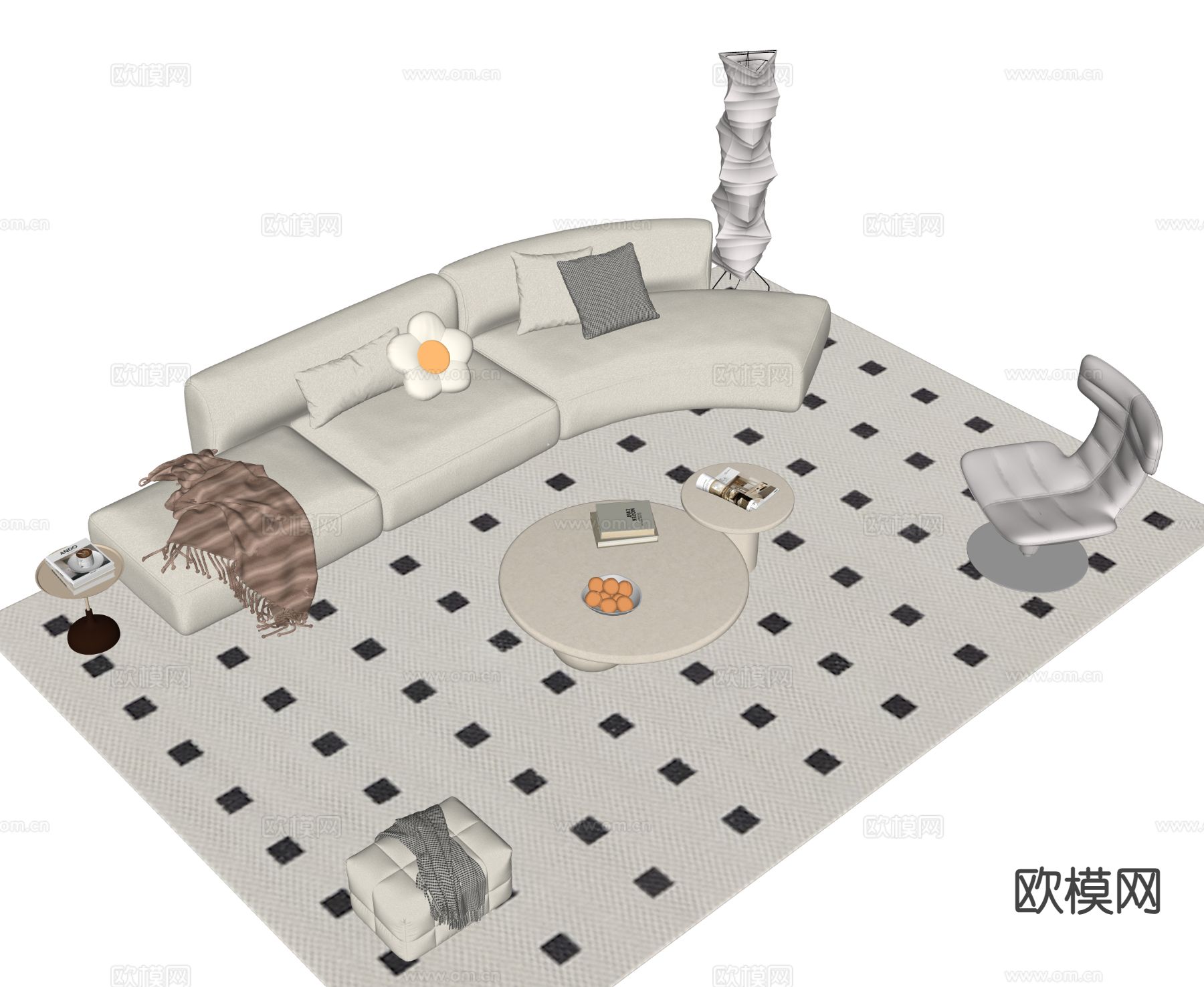 奶油风组合沙发su模型下载（渲染图1）
