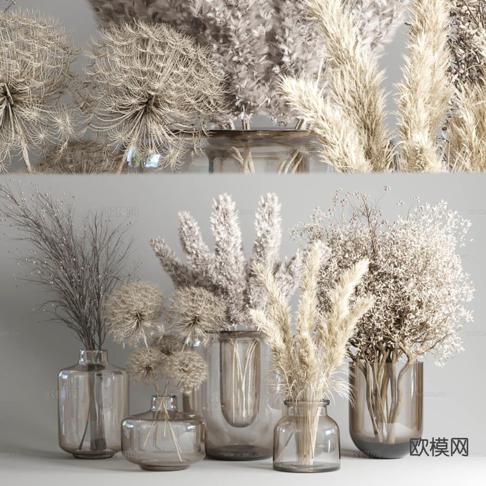 玻璃花瓶 花艺 芦苇 干花3d模型