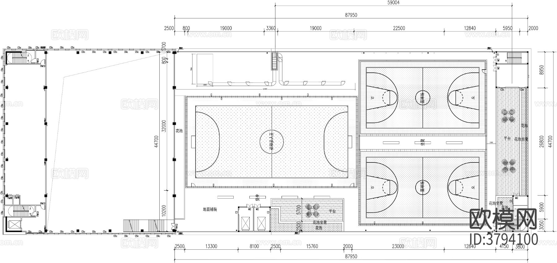篮球场 足球场CAD施工图下载