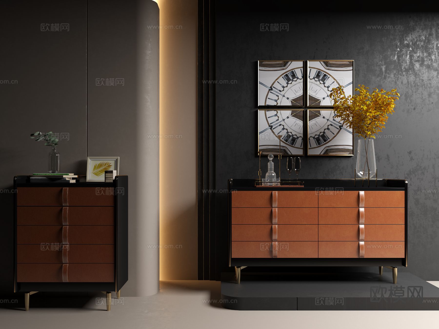 中古风斗柜 皮革玄关柜3d模型下载