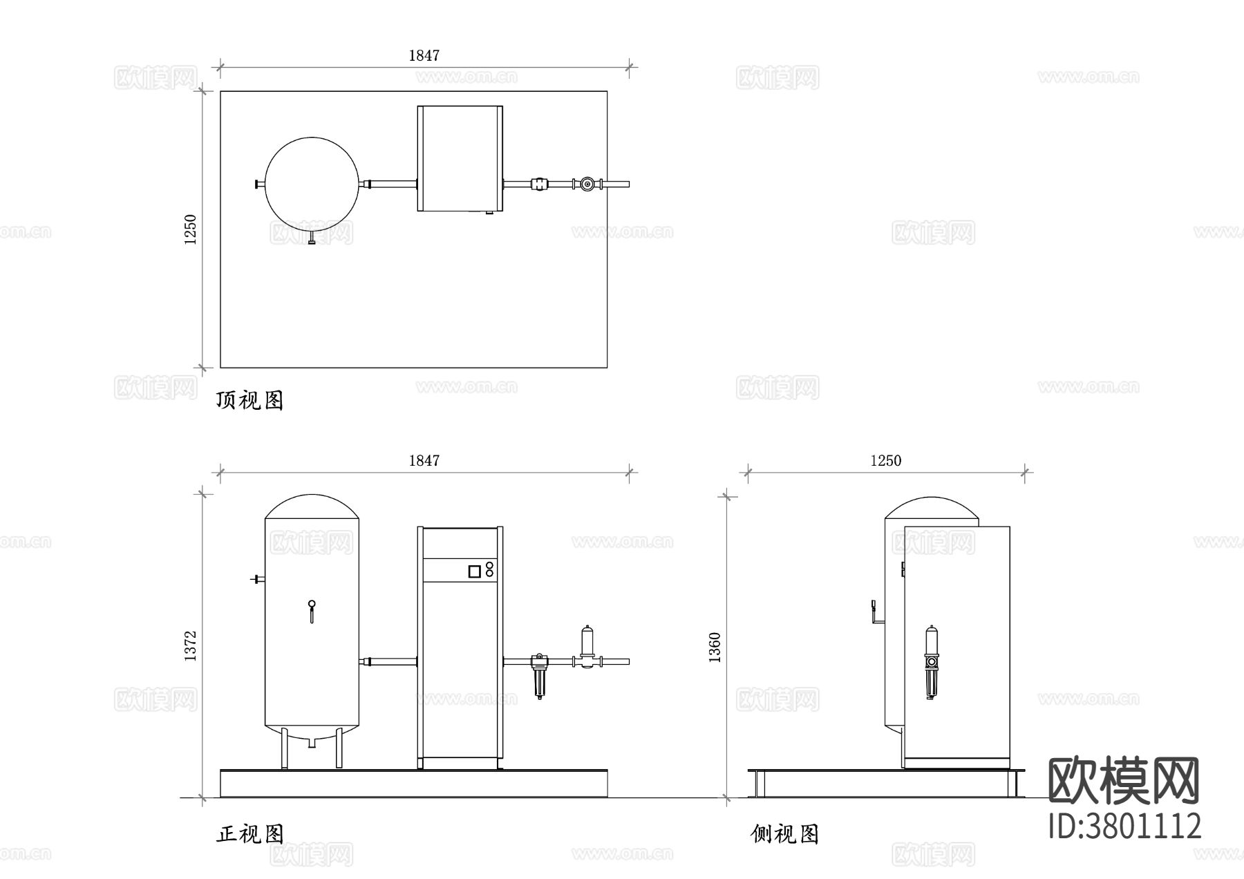 空气干燥机平面图 干燥机CAD三视图