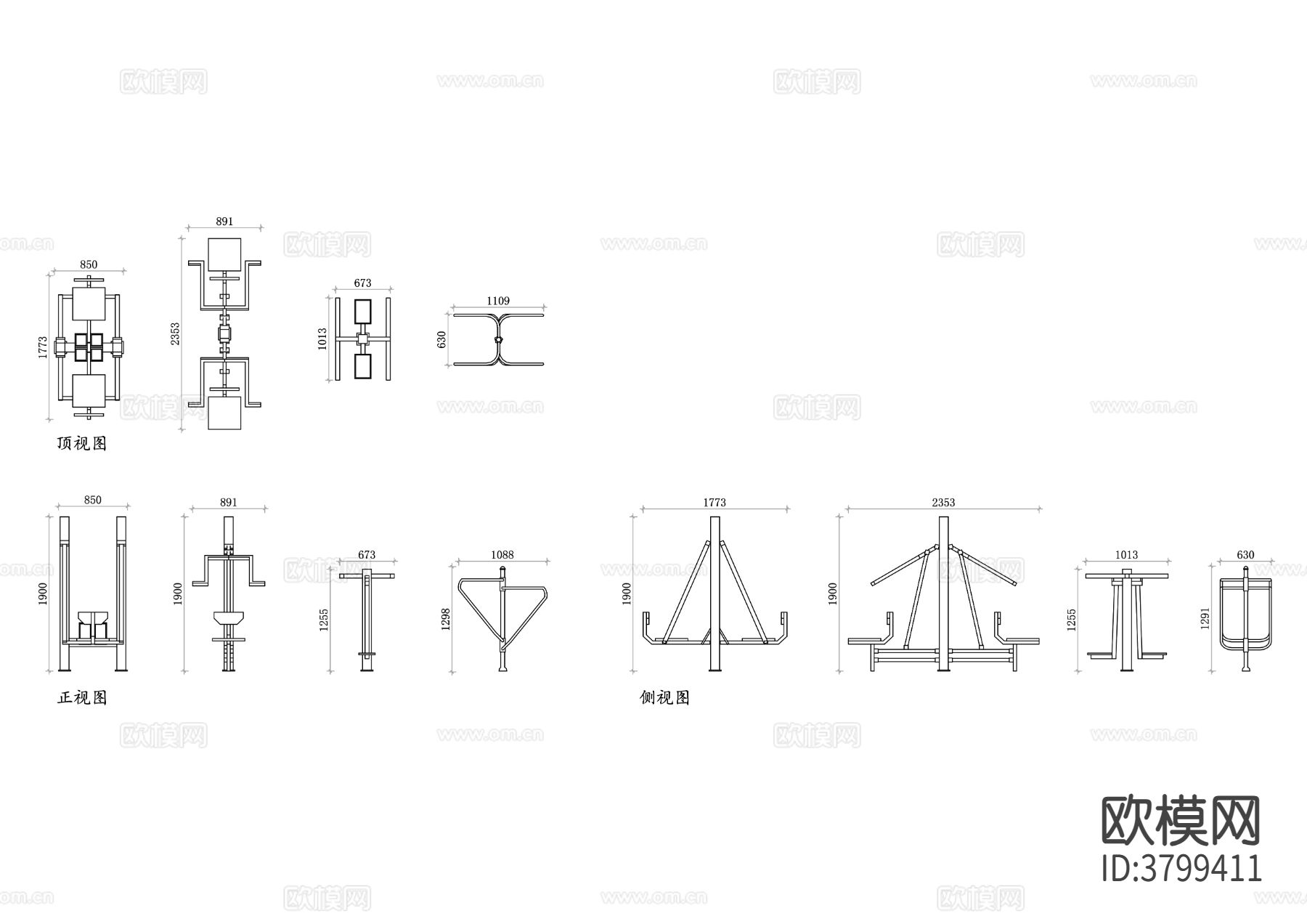 户外健身器材平面图 CAD三视图