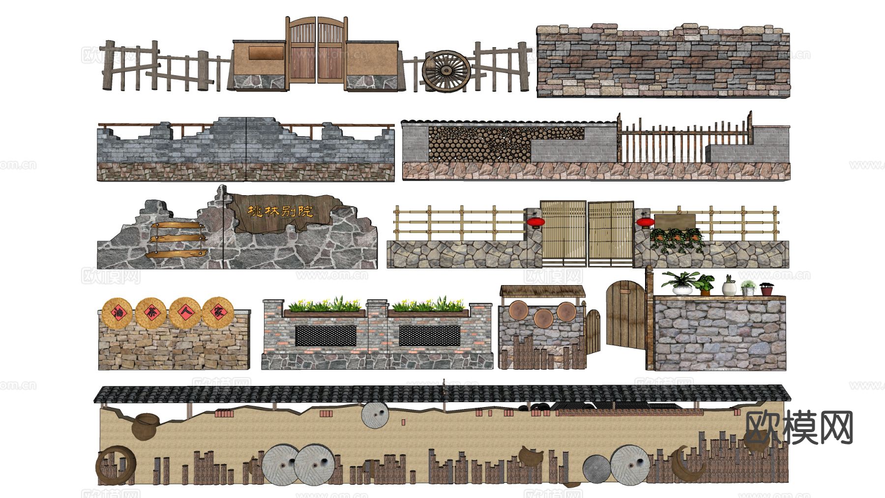 景观围墙 庭院围墙 乡村围墙su模型