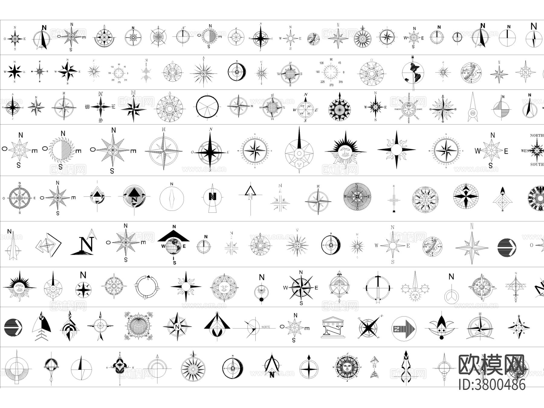 最新超全指北针指南针风玫瑰CAD图库