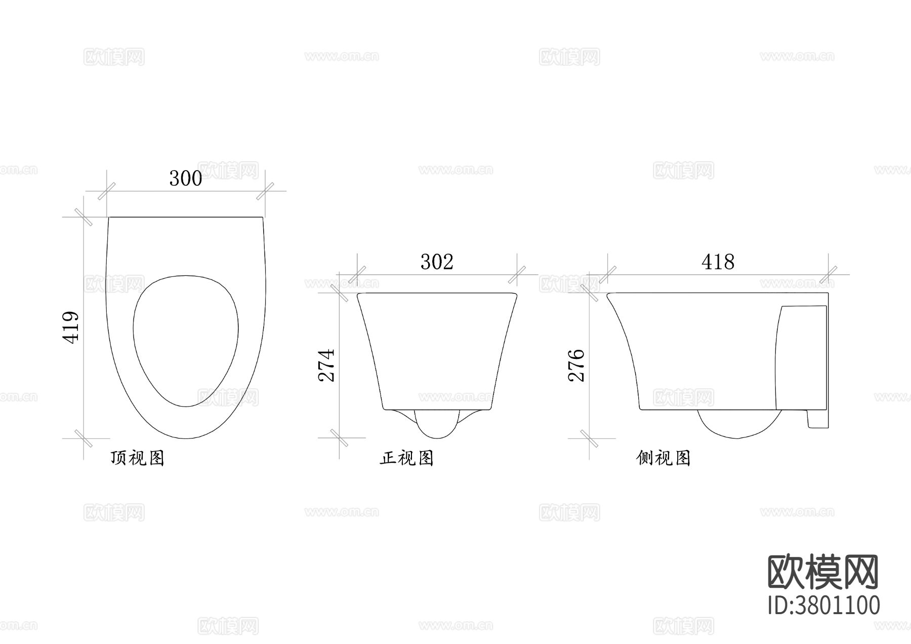 科勒壁挂式马桶CAD三视图