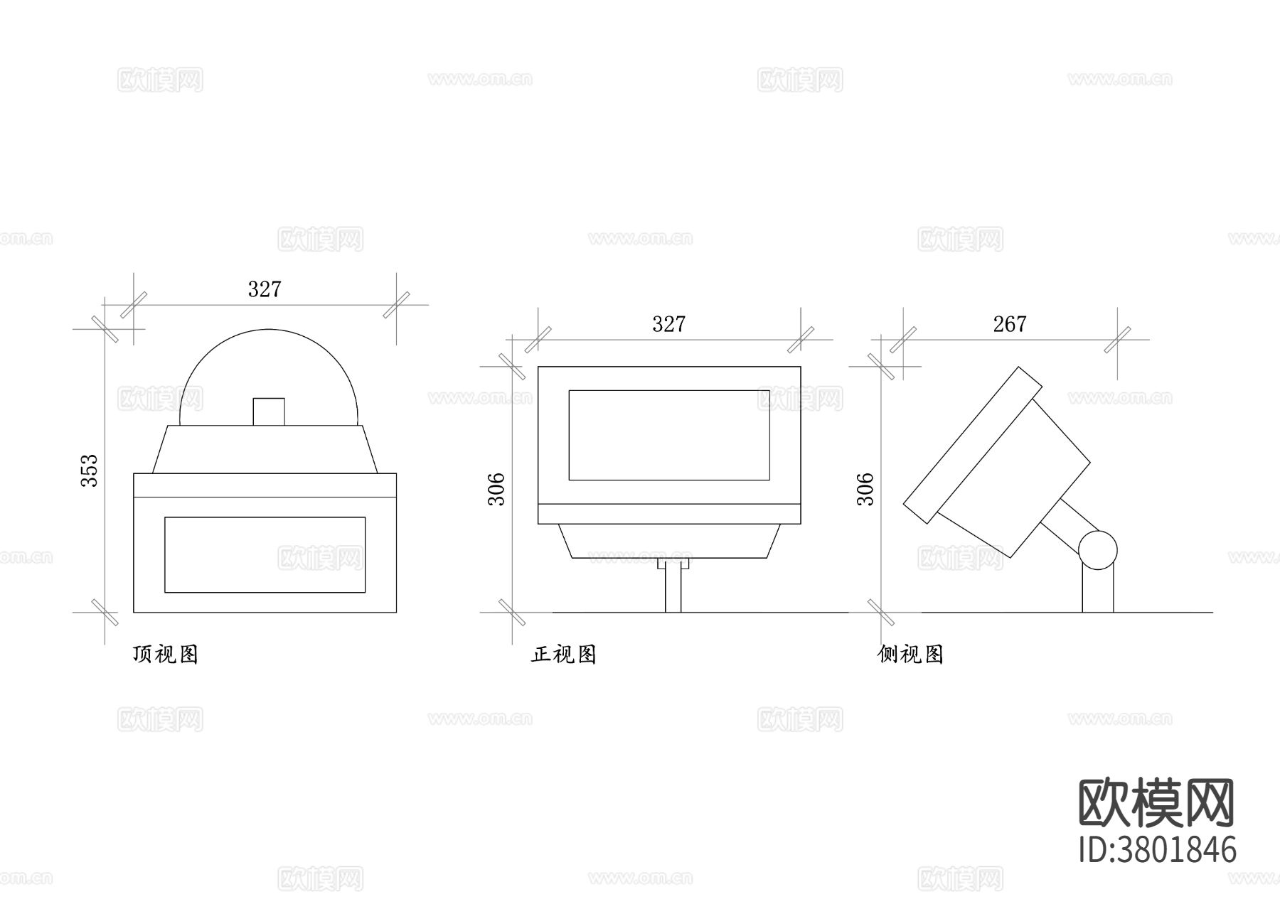 落地式泛光灯平面图 泛光灯CAD三视图