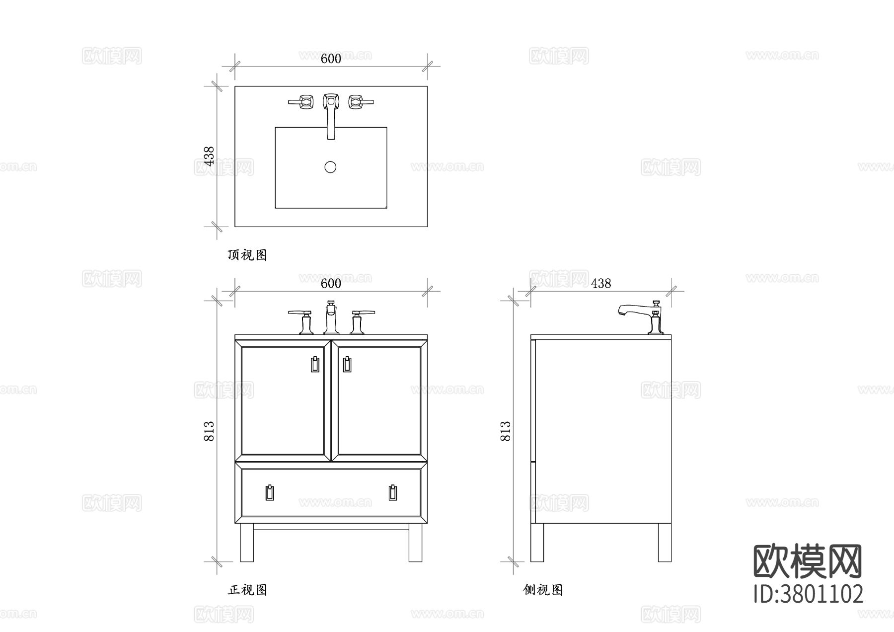 科勒卫浴梳妆台CAD三视图