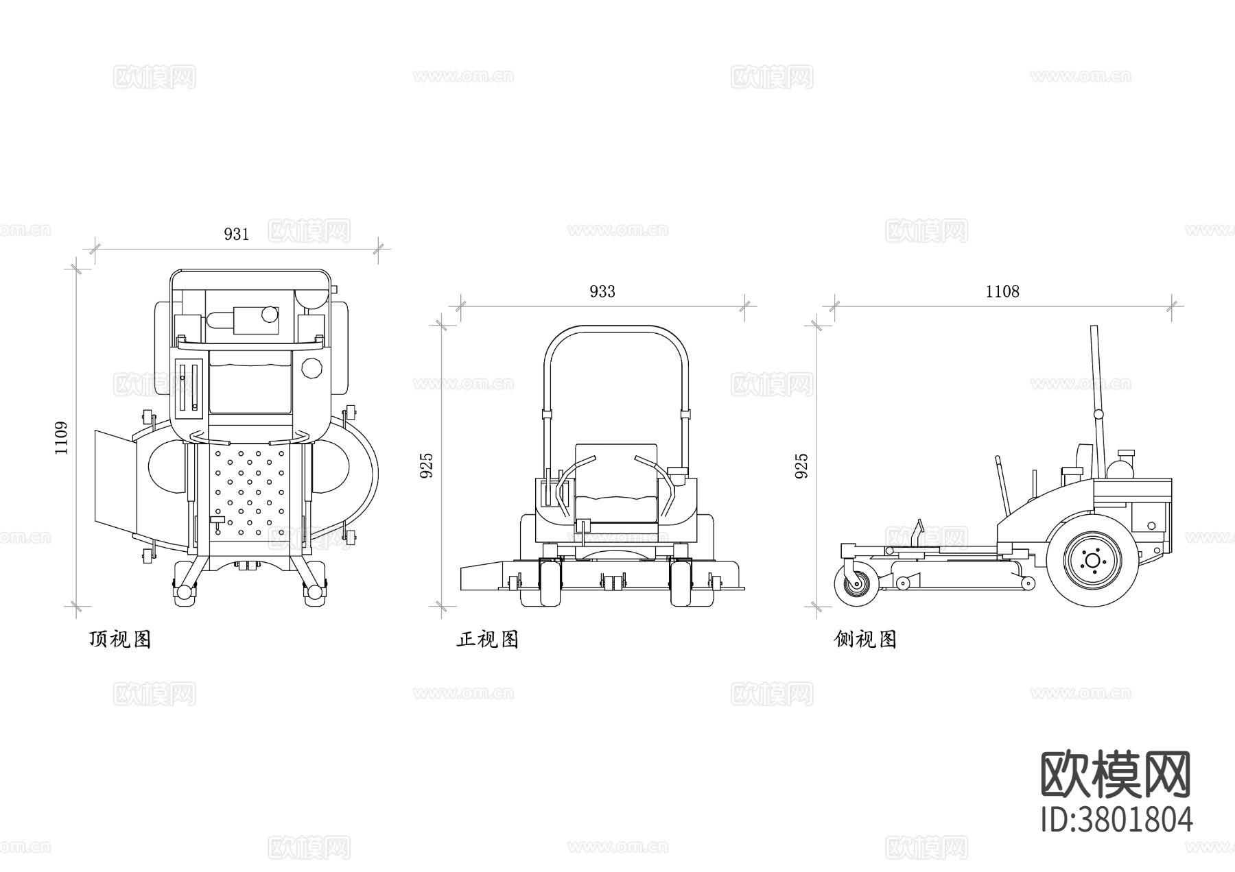 零转向割草机平面图 割草机CAD三视图