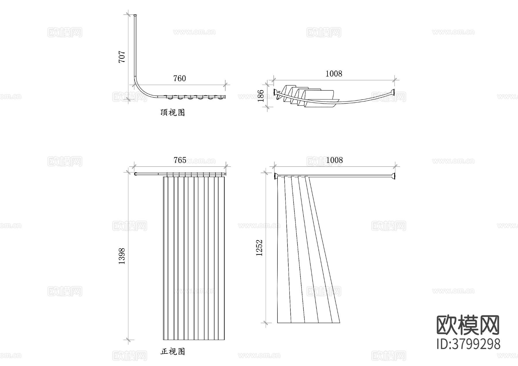 弧形浴帘杆平面图 浴帘杆三视图