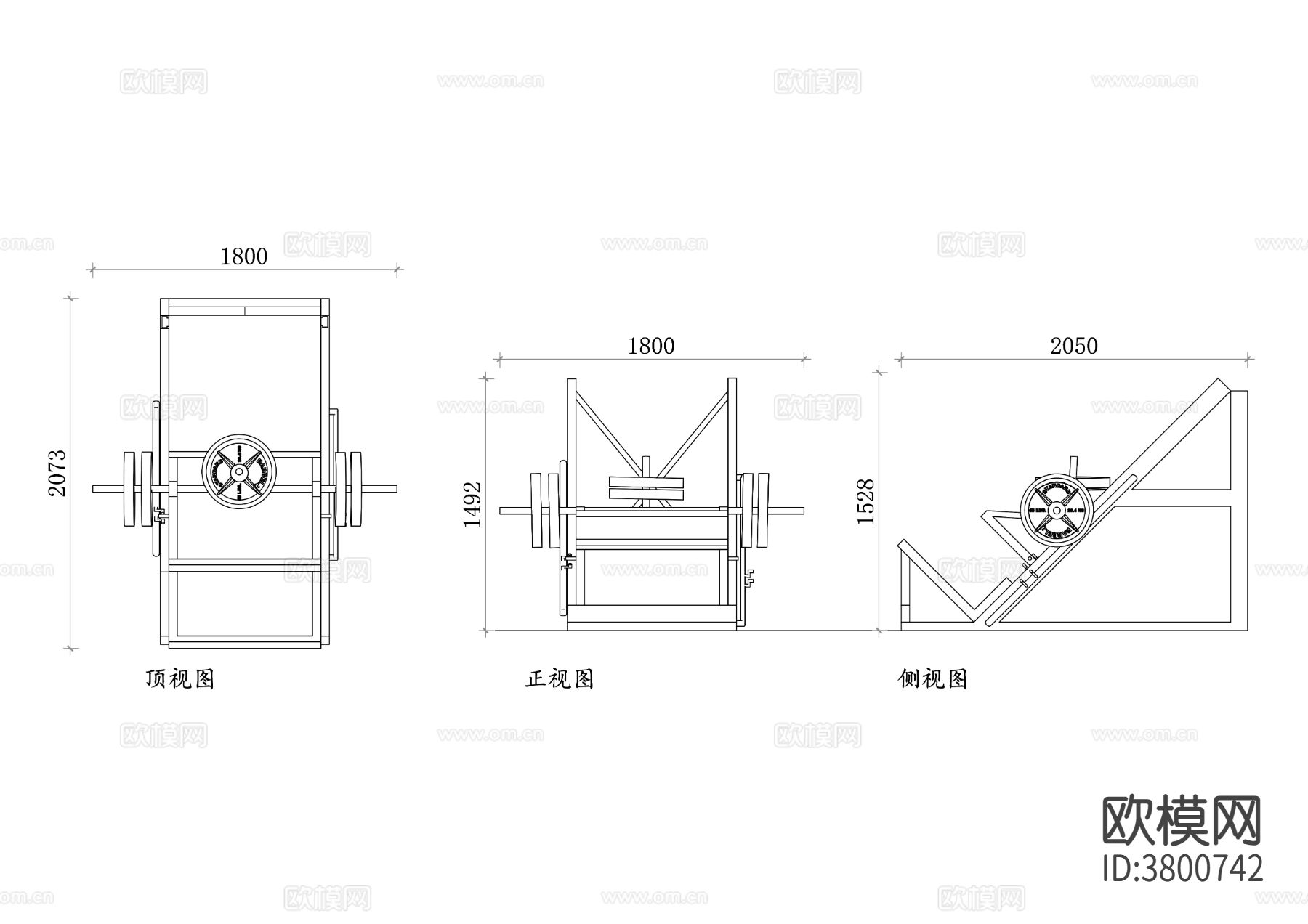 健身腿部推举平面图 腿部推举机CAD三视图