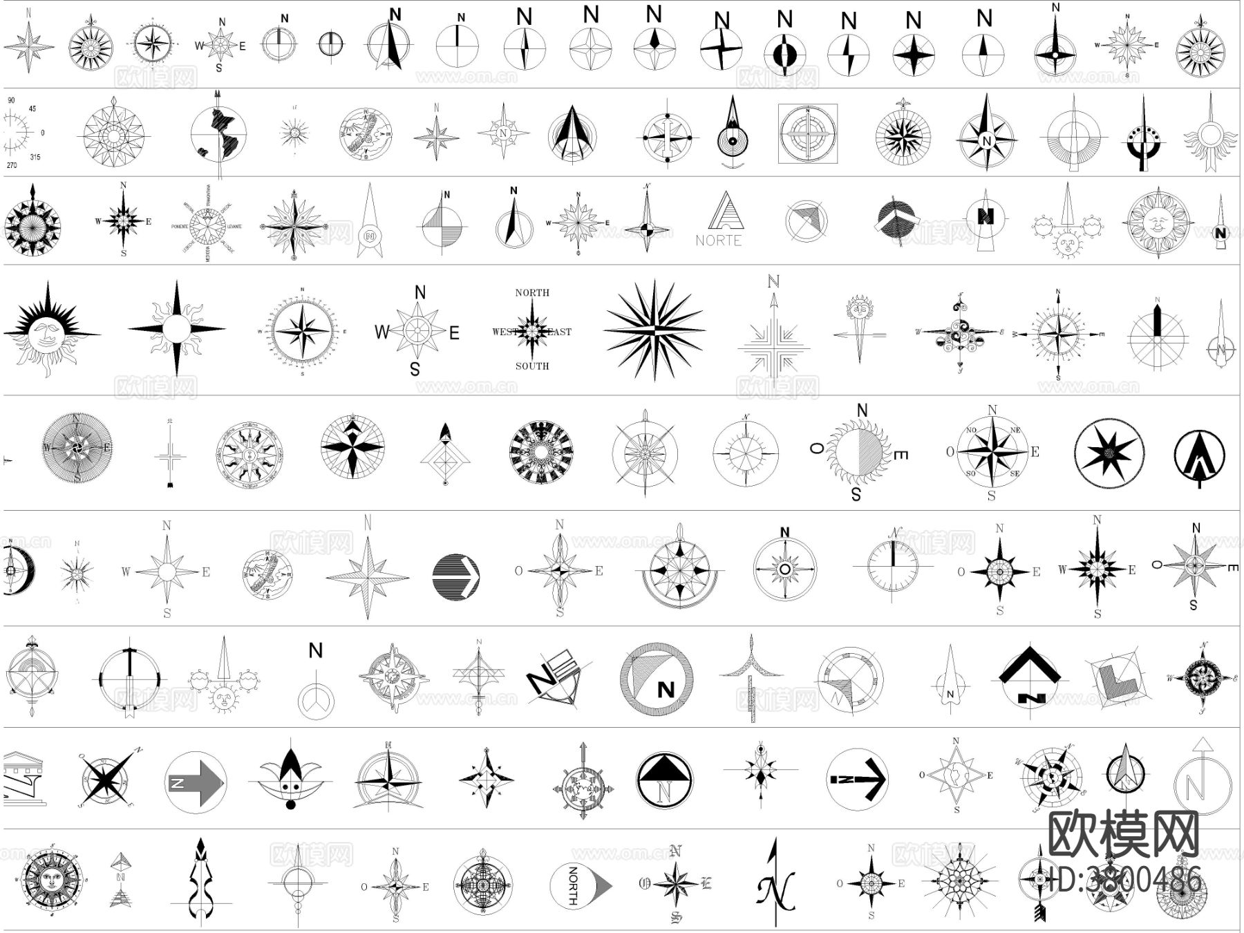 最新超全指北针指南针风玫瑰CAD图库