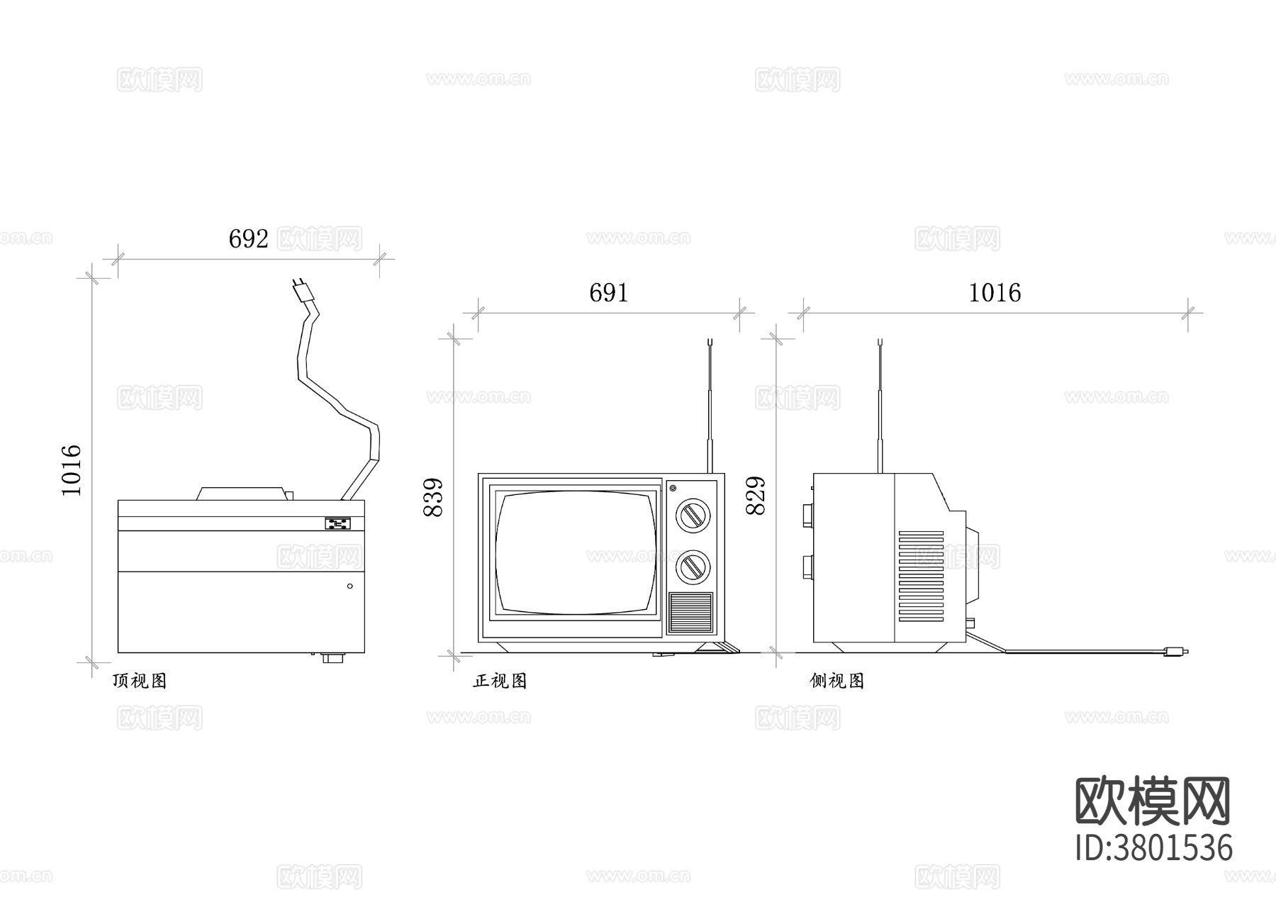 老式电视平面图 电视CAD三视图