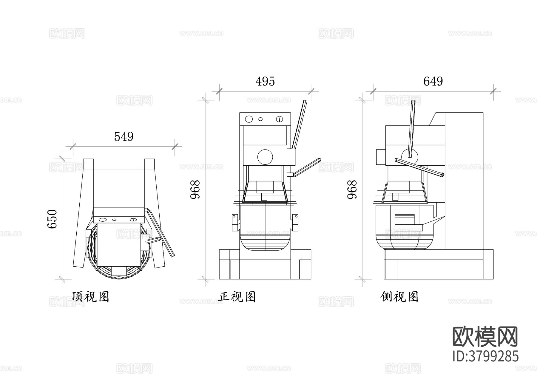 和面机平面图 和面机结构图  CAD三视图