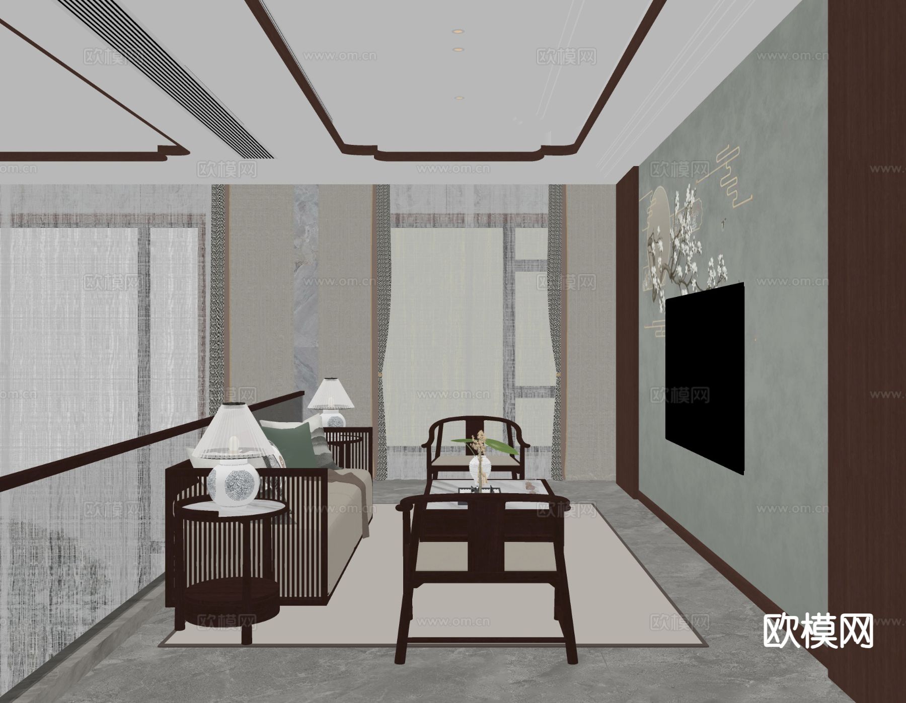 新中式起居室 休闲室su模型下载（渲染图1）