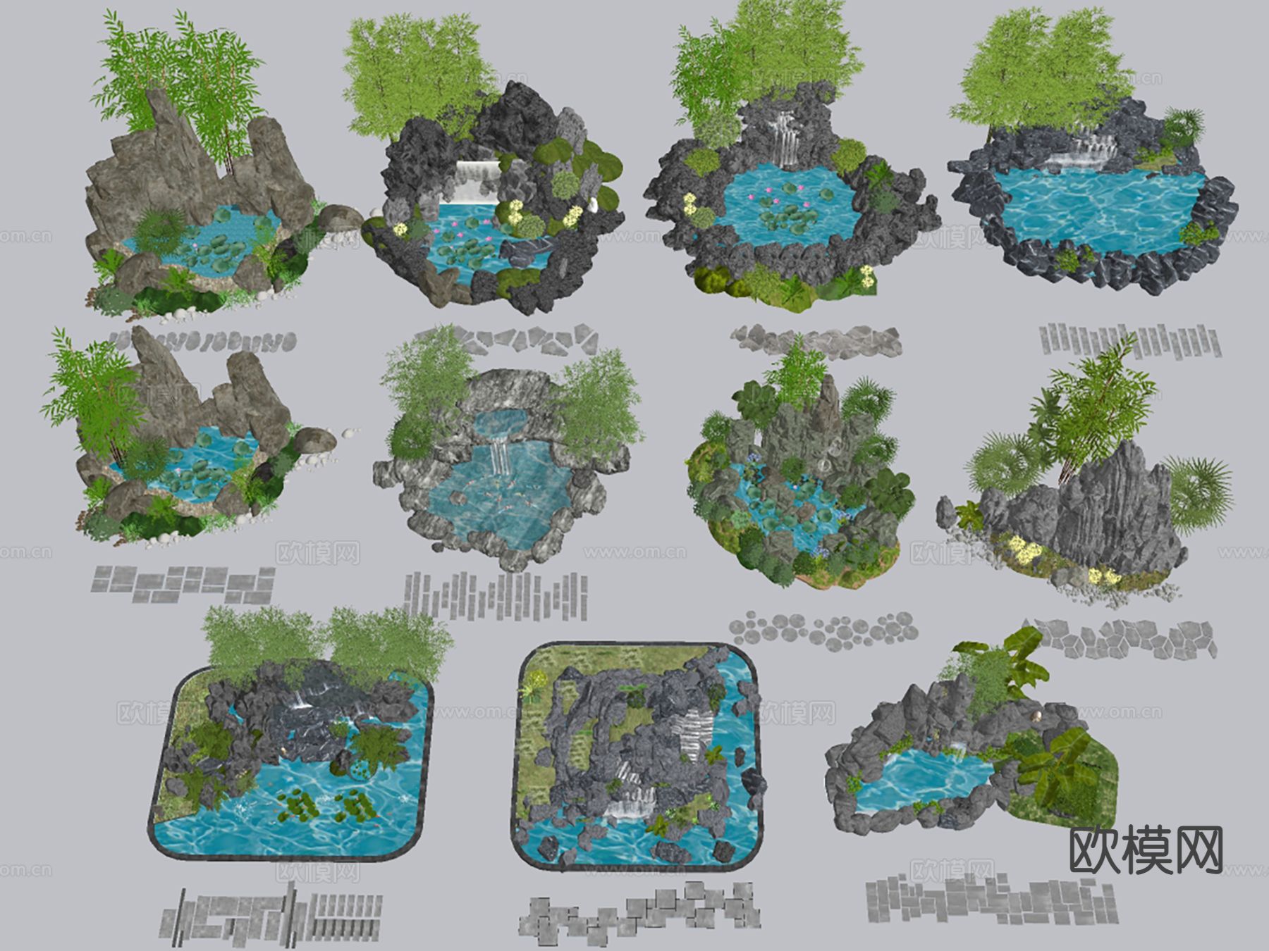 现代假山水景 池塘水塘su模型