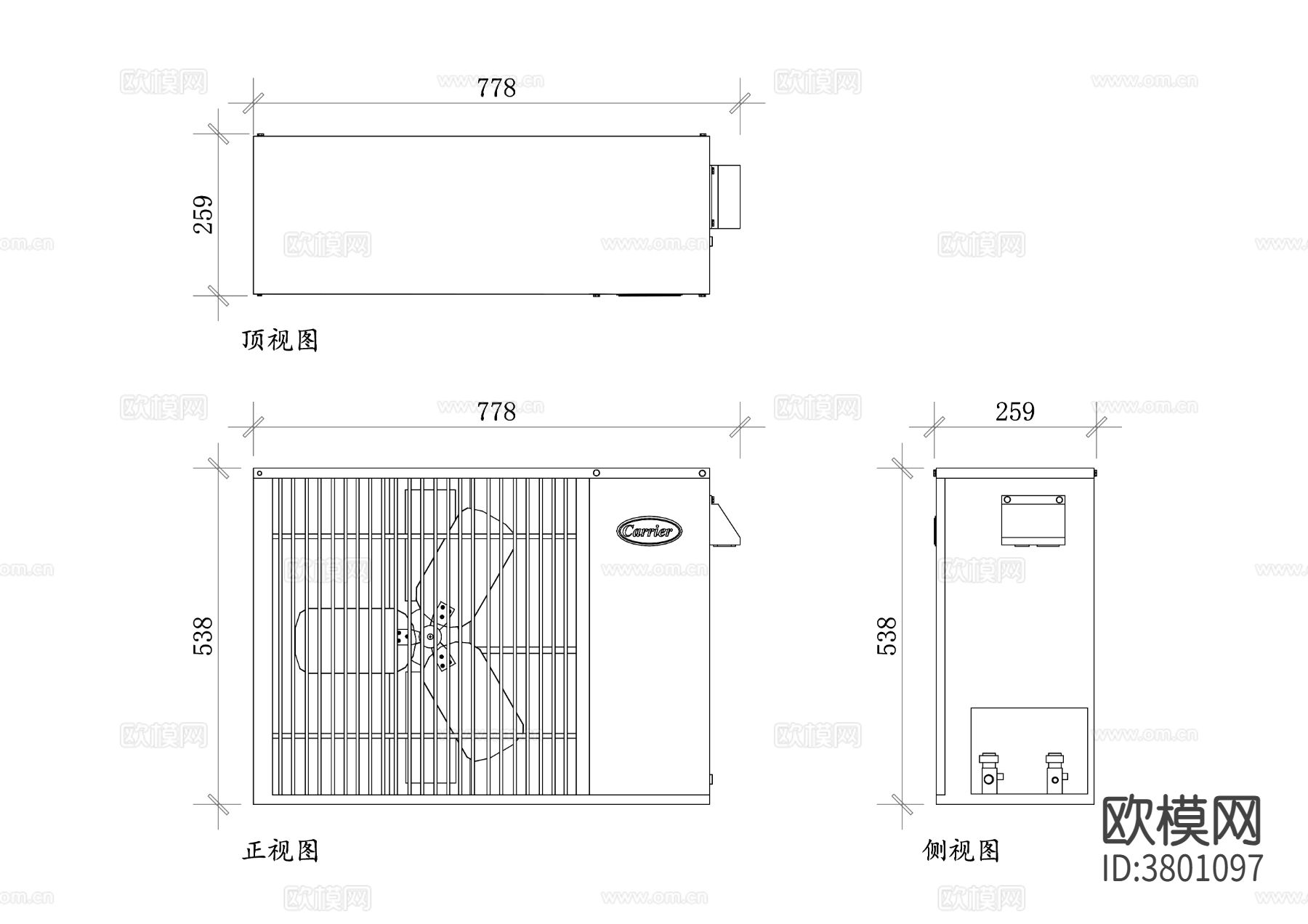 开利空调外机平面图 CAD三视图