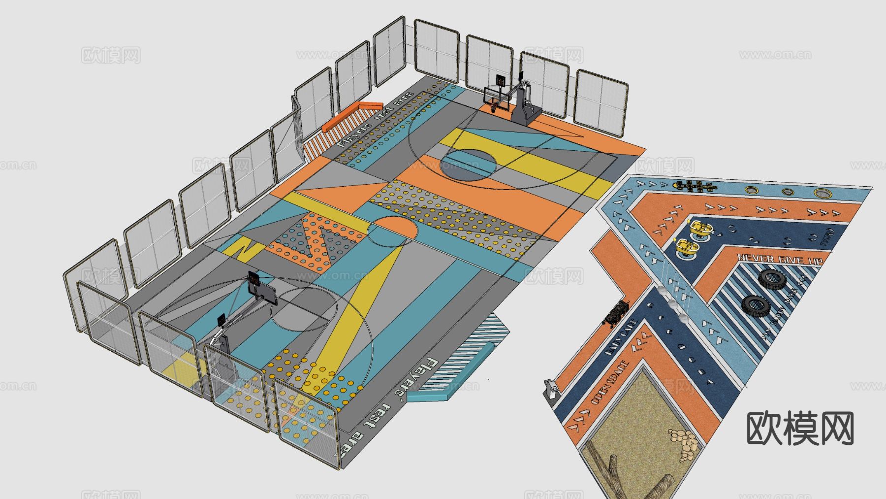 户外篮球场 运动场 篮球架su模型