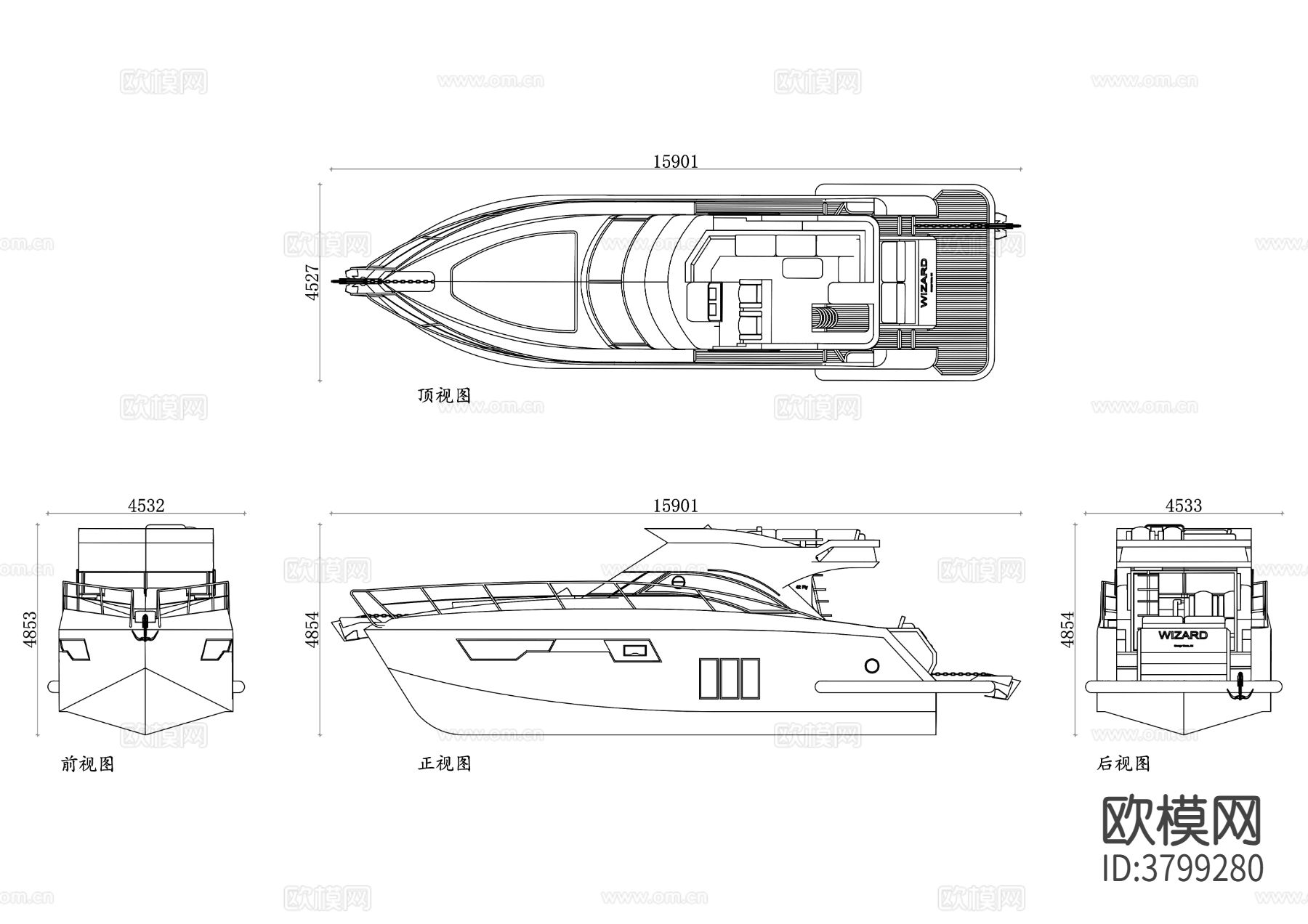 豪华游艇平面图 游艇结构图CAD三视图