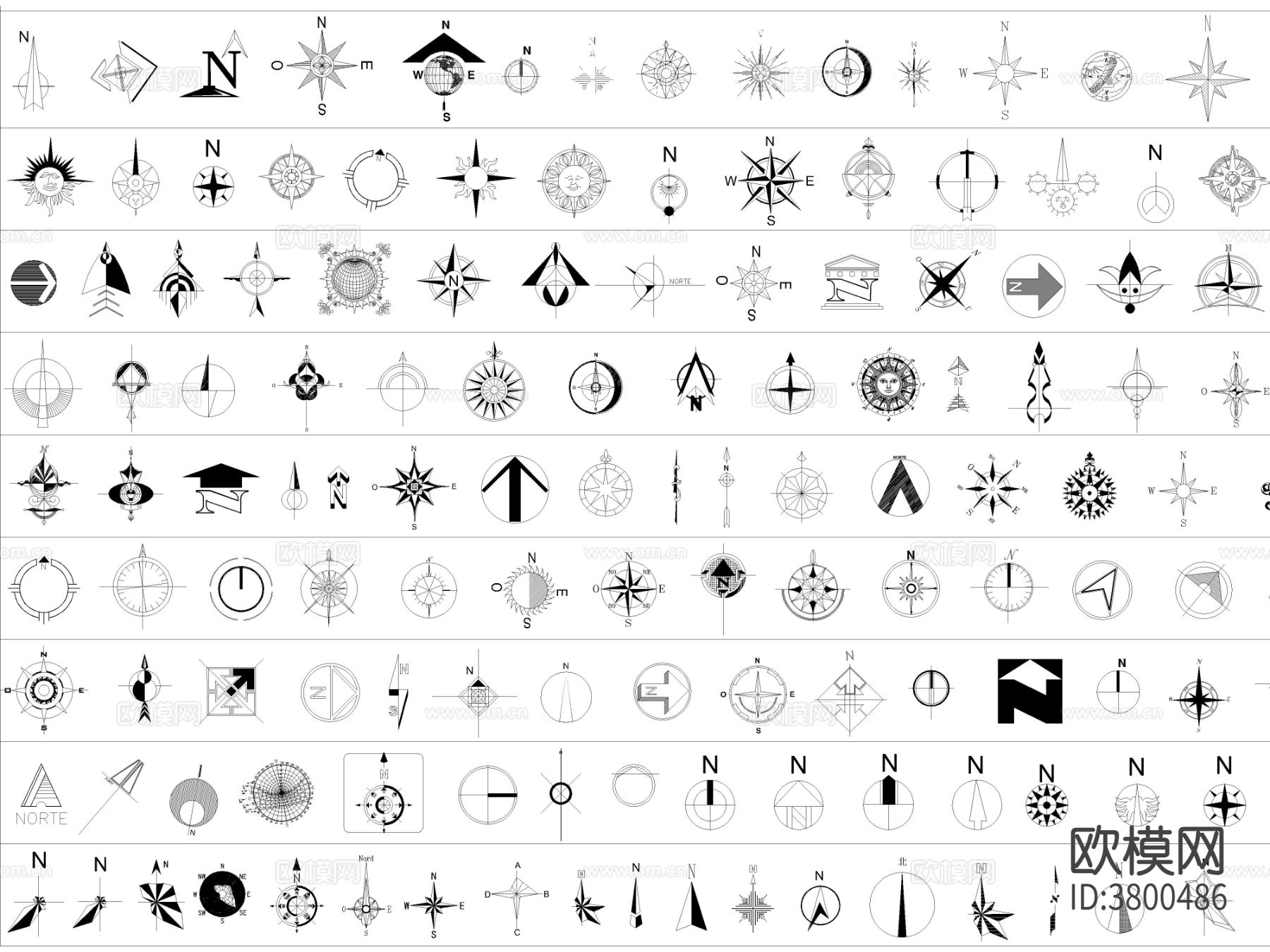 最新超全指北针指南针风玫瑰CAD图库
