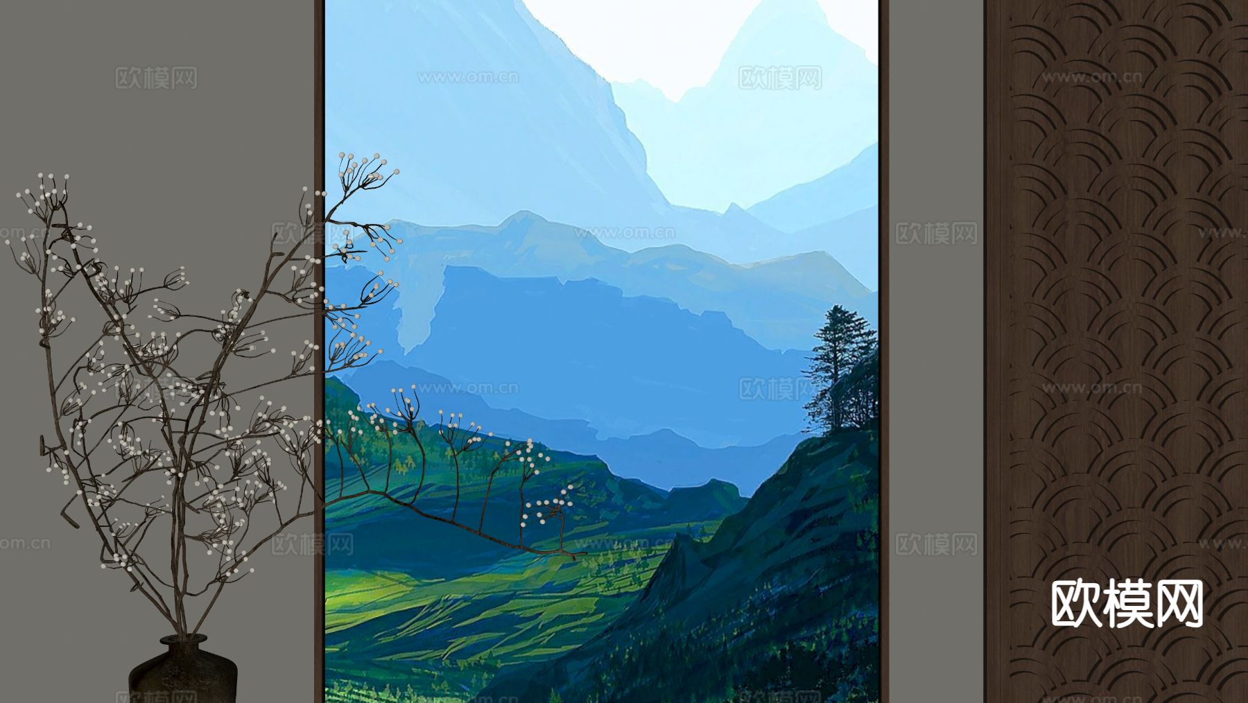 新中式装饰画su模型下载（渲染图1）