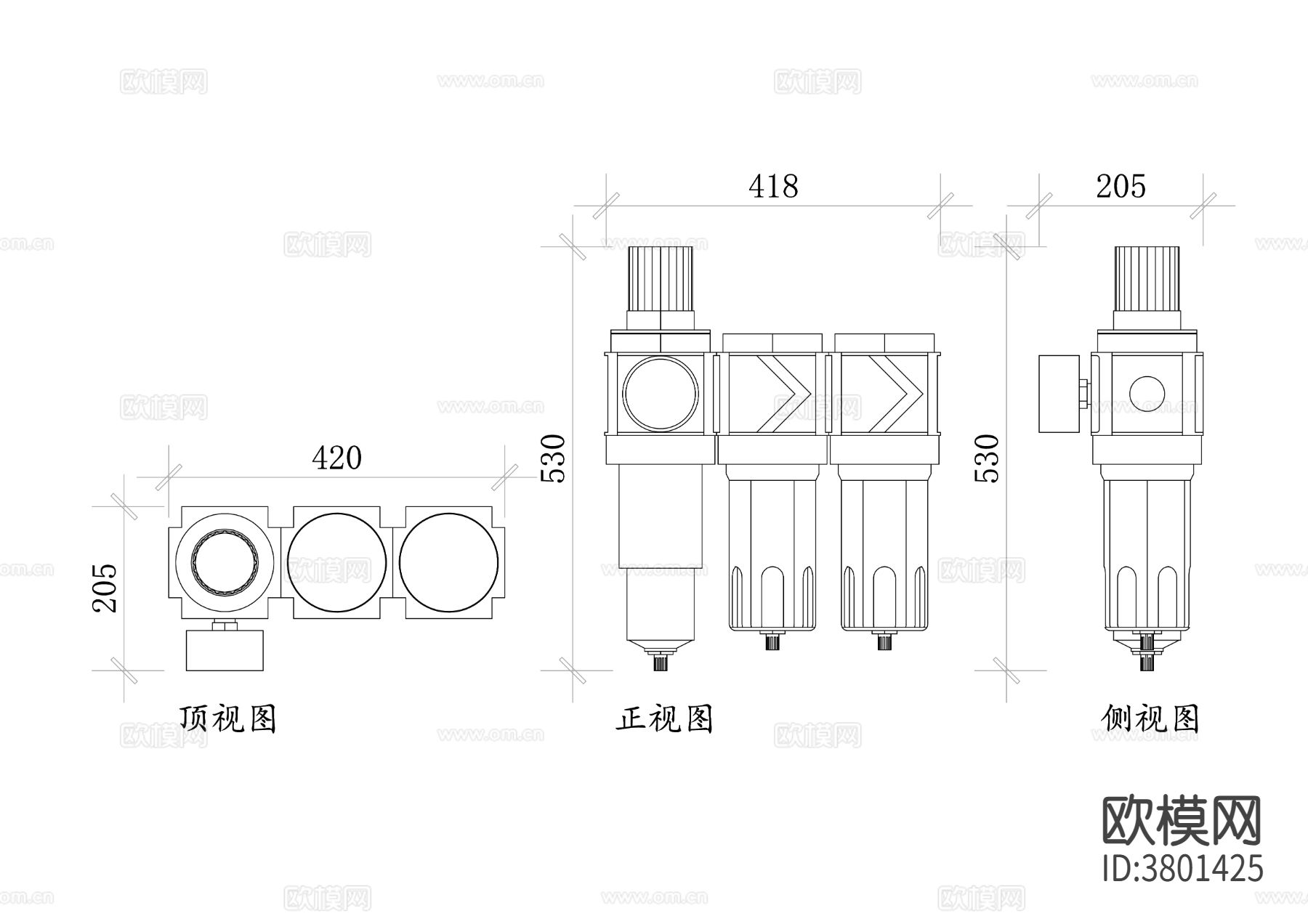 空气过滤减压阀CAD三视图