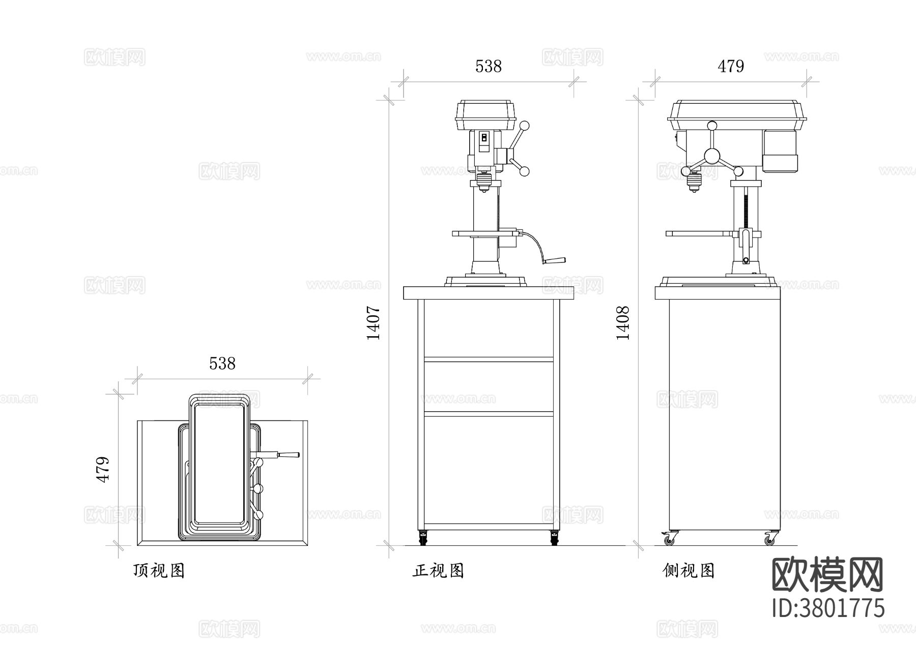 立柱钻台平面图 钻台CAD三视图