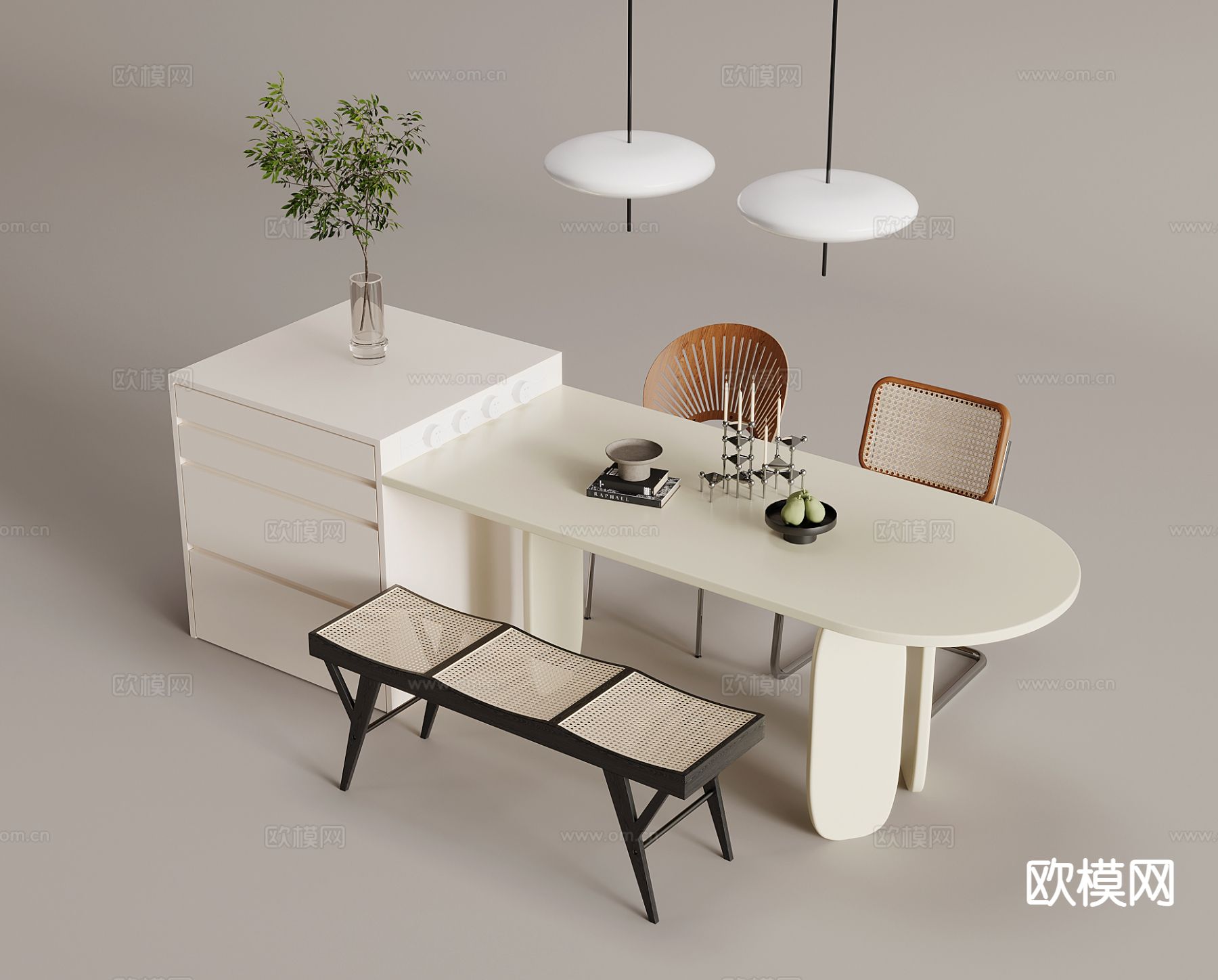 奶油风餐桌椅 岛台3d模型下载