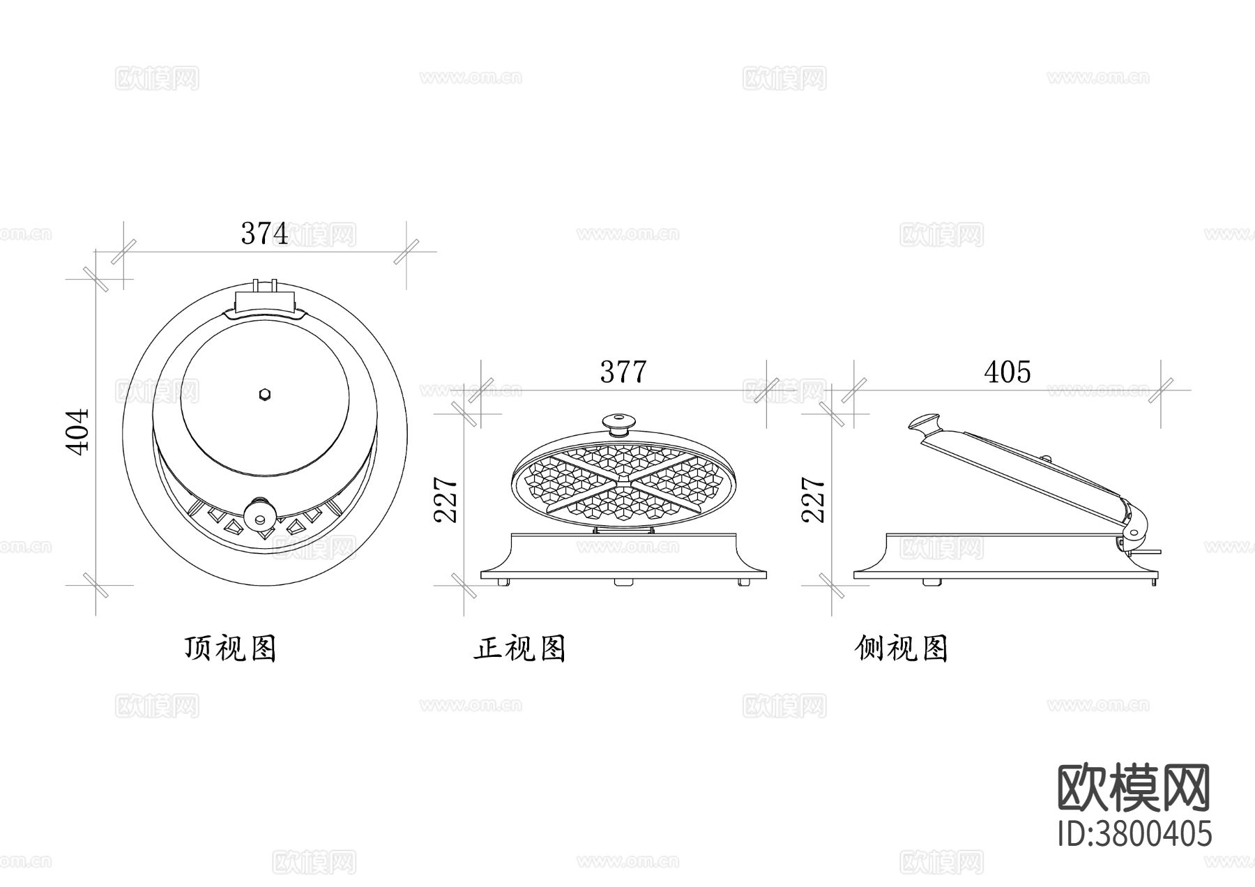 华夫饼熨斗平面图 熨斗CAD三视图