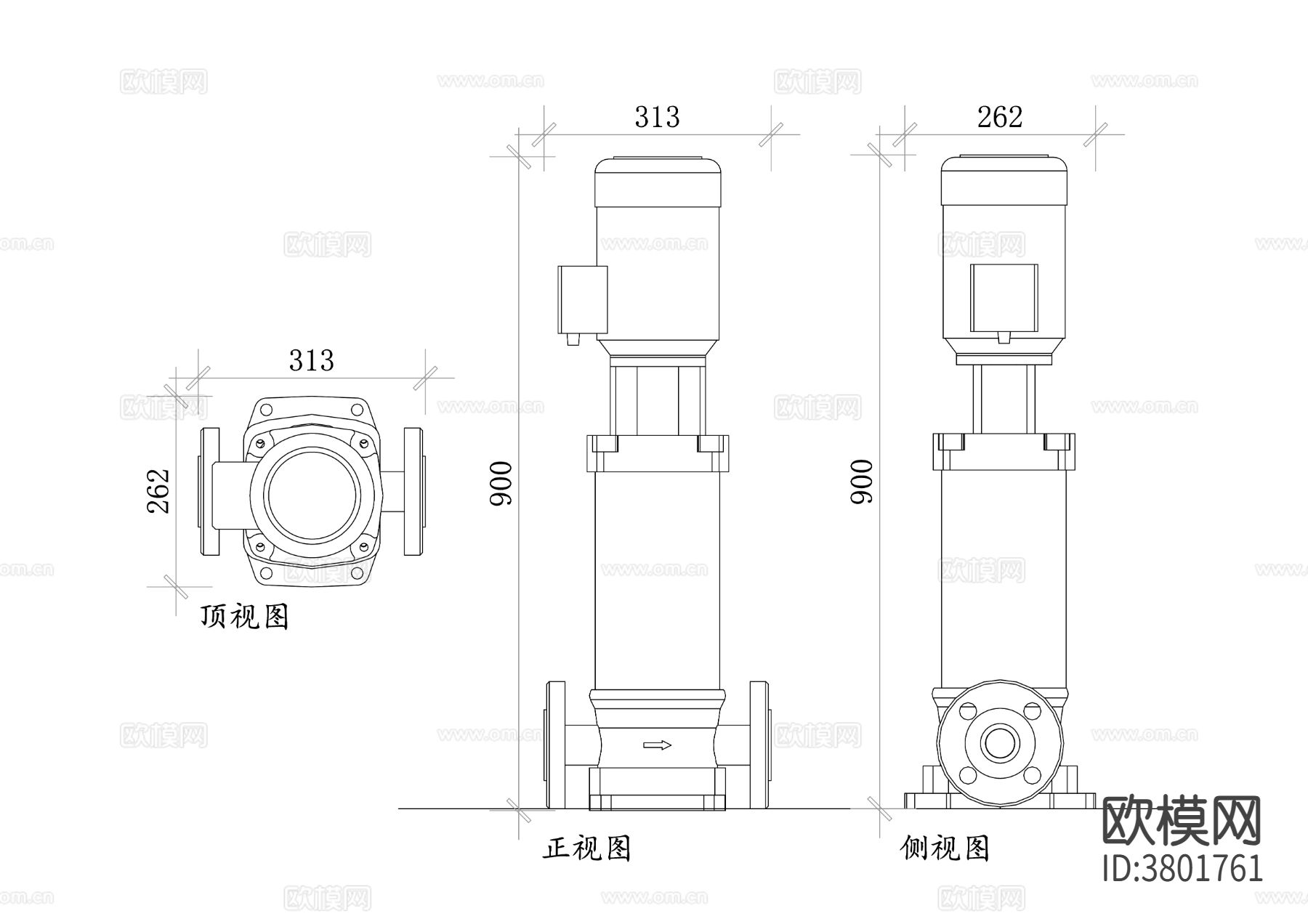 立式增压泵平面图 增压泵CAD三视图