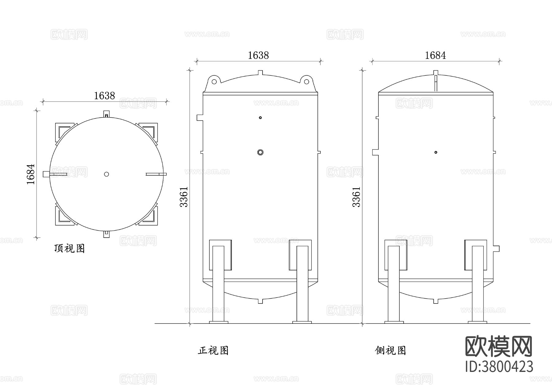 缓冲罐平面图 缓冲罐结构图CAD三视图