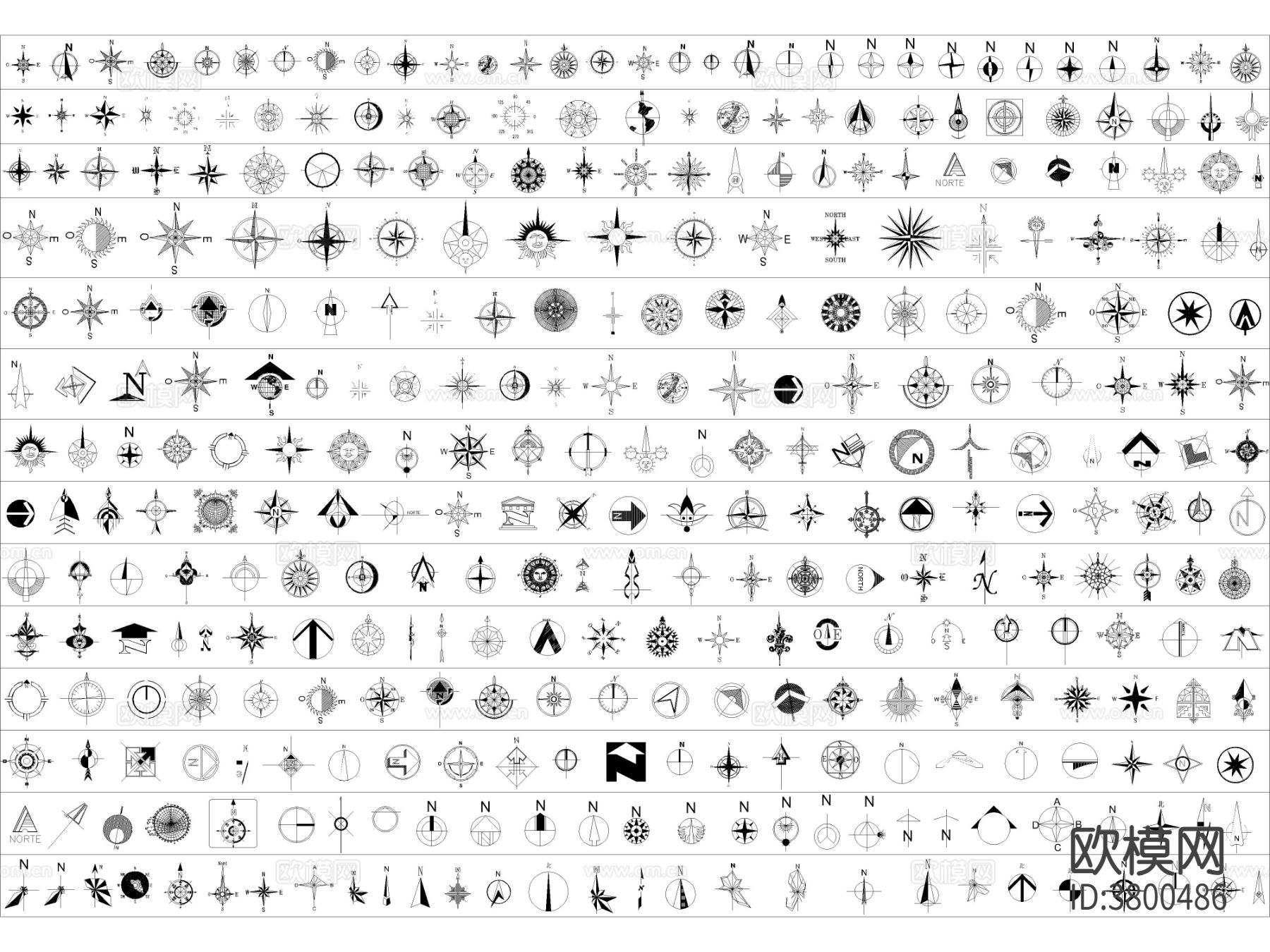 最新超全指北针指南针风玫瑰CAD图库