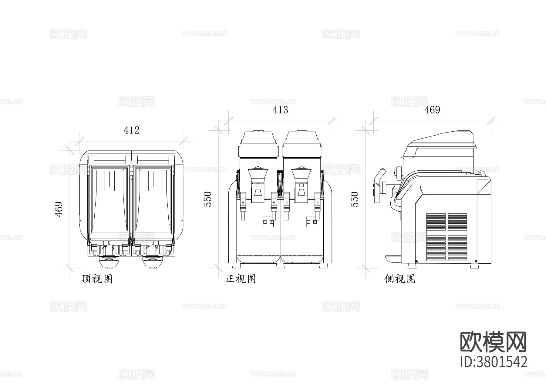 冷冻饮料机平面图 冷冻机CAD三视图