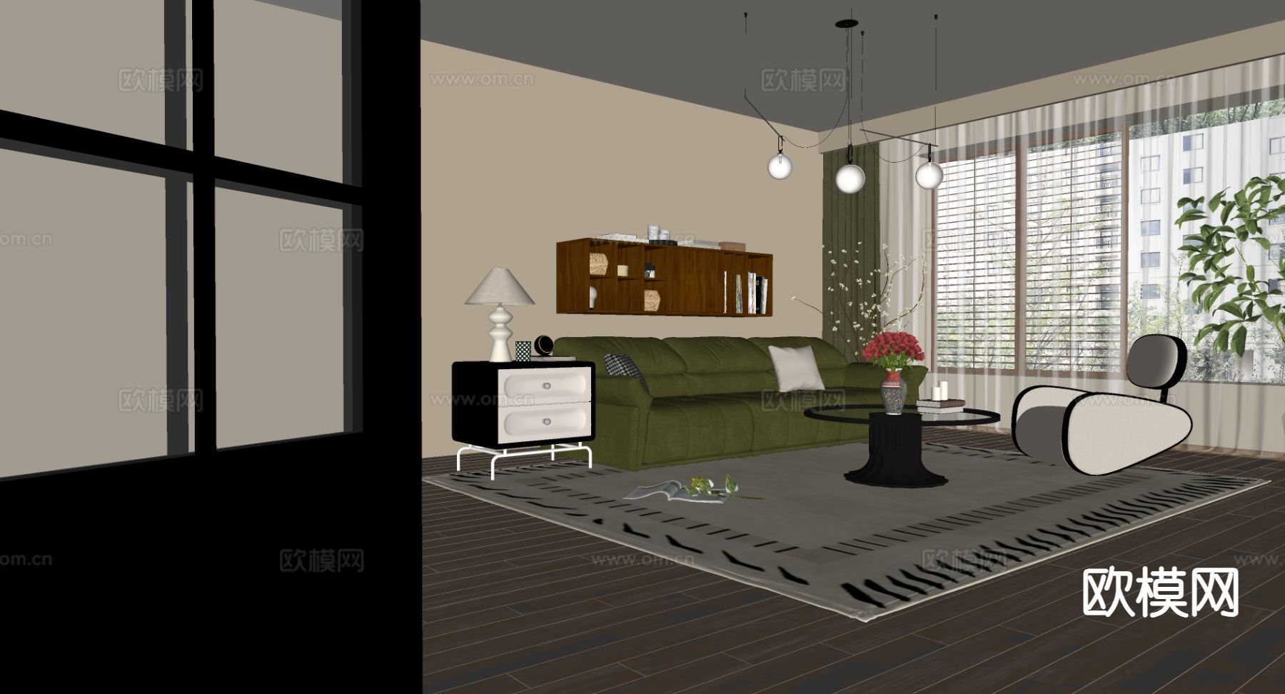 中古风客厅su模型下载（渲染图1）