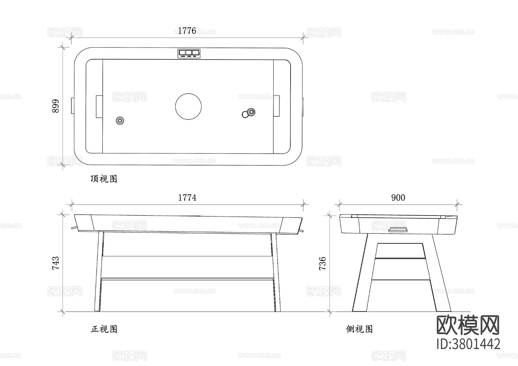 空气曲棍球平面图 曲棍球CAD三视图