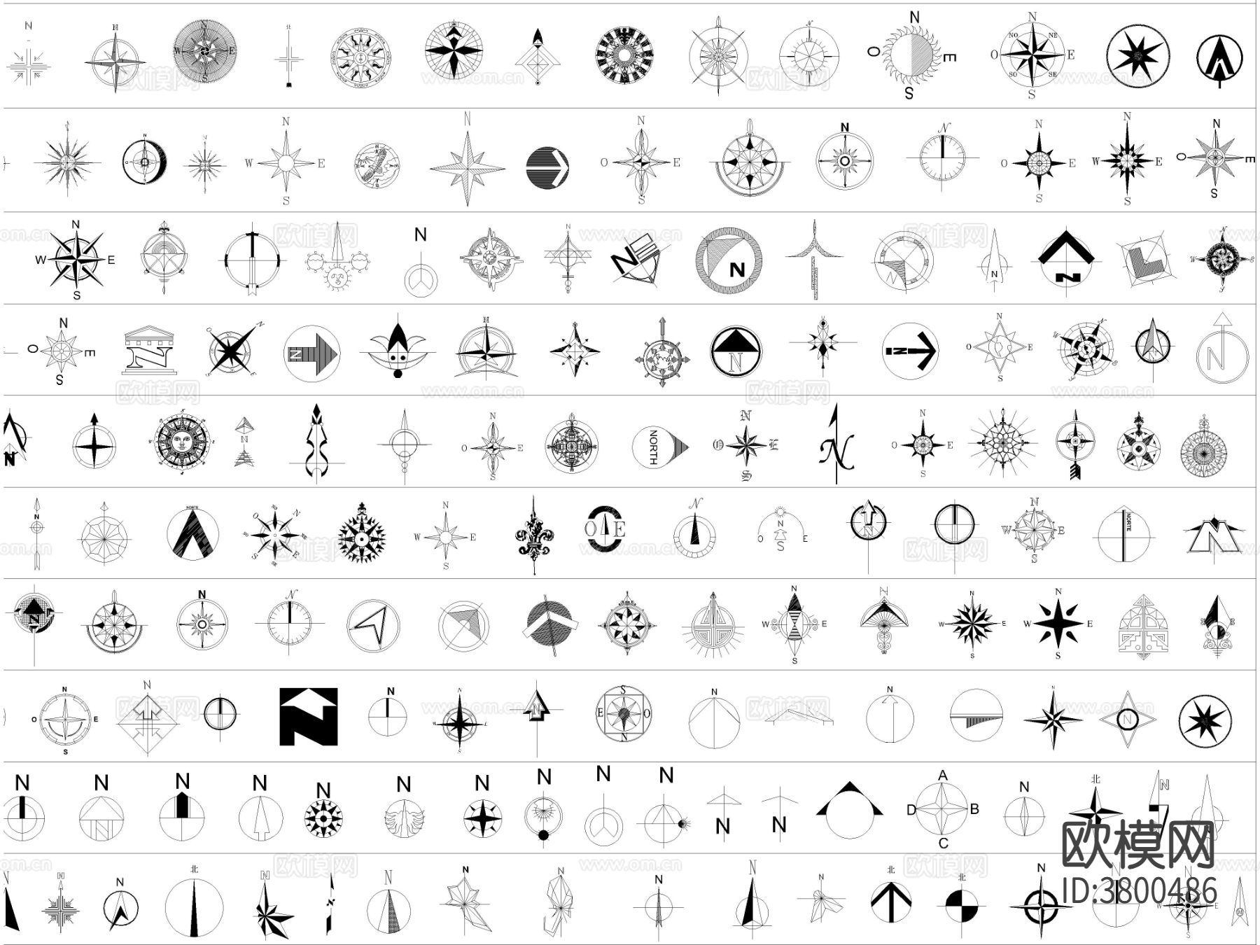 最新超全指北针指南针风玫瑰CAD图库