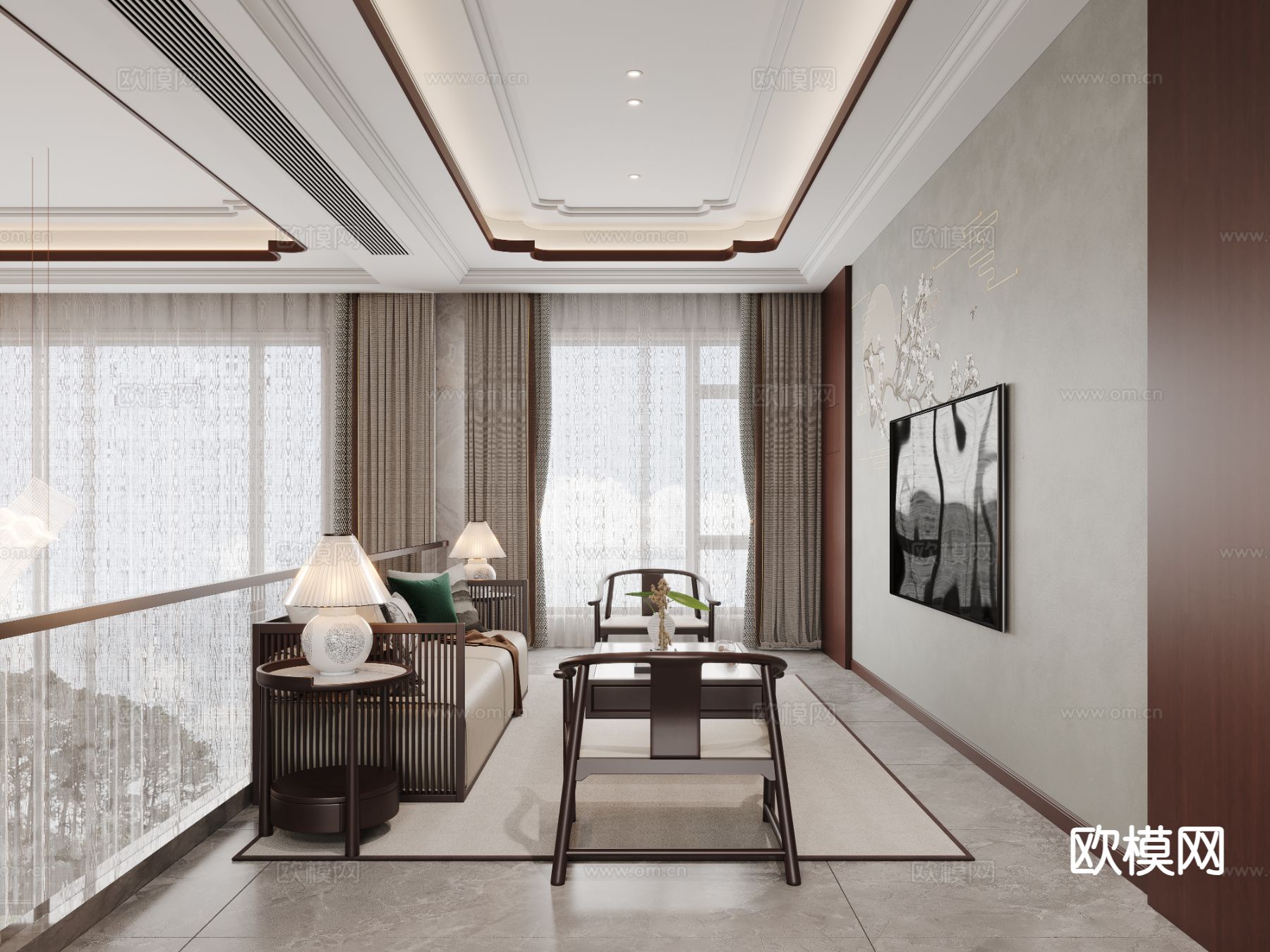 新中式起居室 休闲室su模型下载（渲染图2）