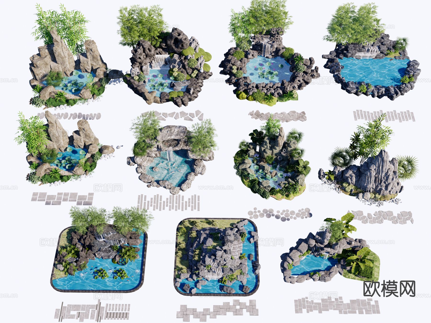 现代假山水景 池塘水塘su模型