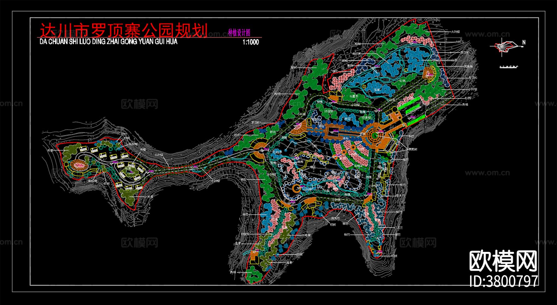 达川市罗顶寨公园规划 园林CAD平面图下载（渲染图2）