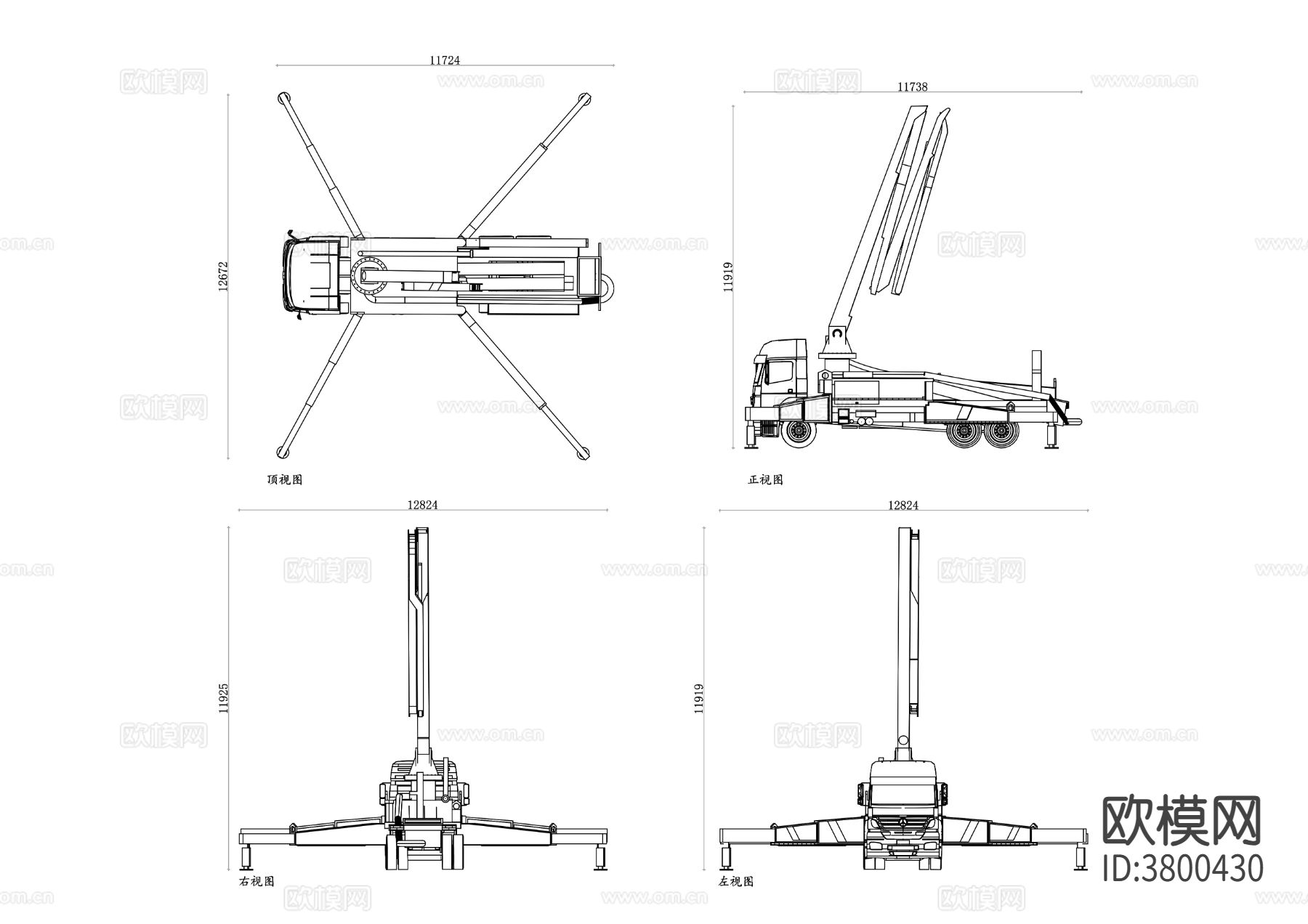 混凝土泵车平面图 泵车结构图CAD三视图下载