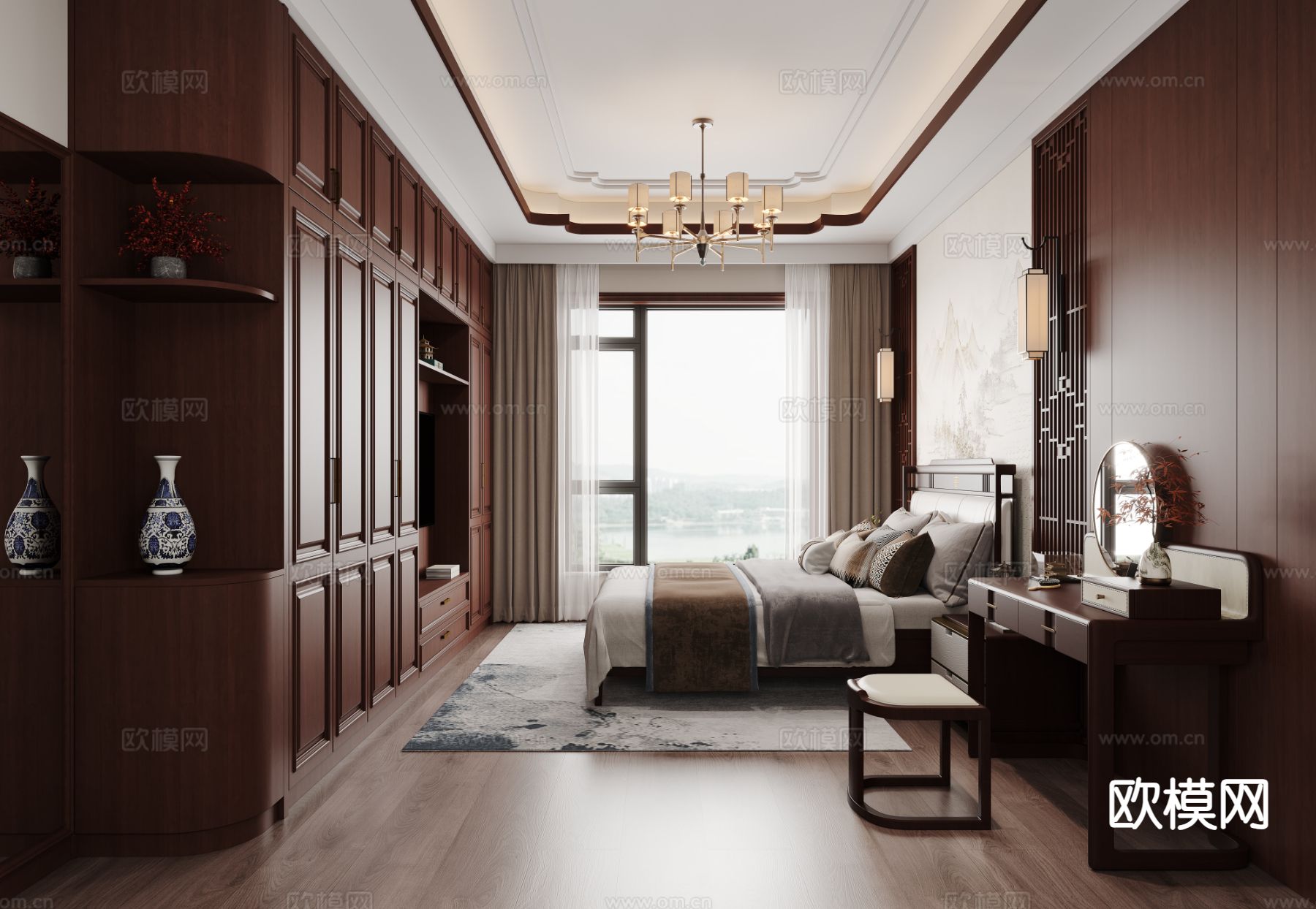 新中式卧室 主卧su模型下载（渲染图2）