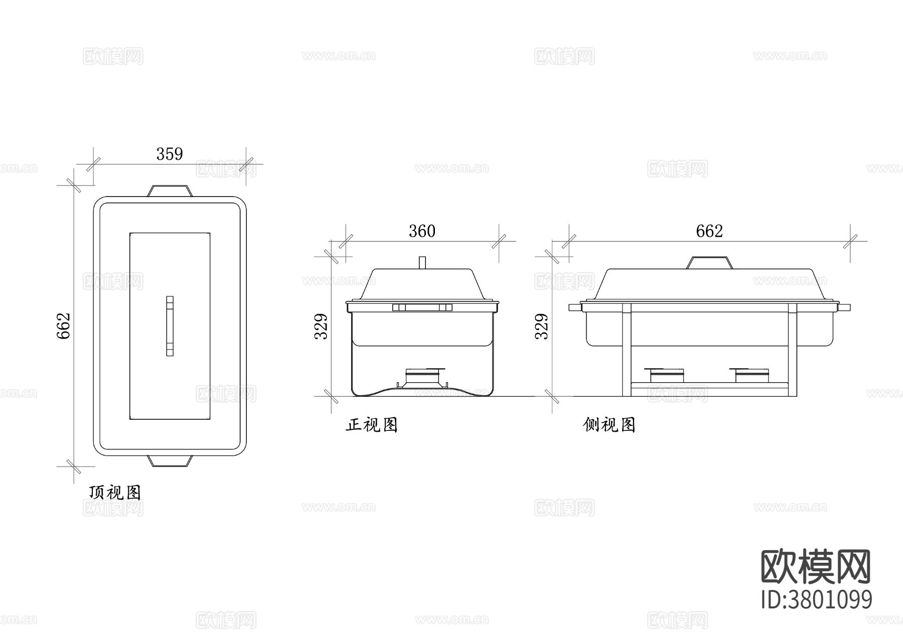 烤鱼电火锅平面图 电火锅CAD三视图